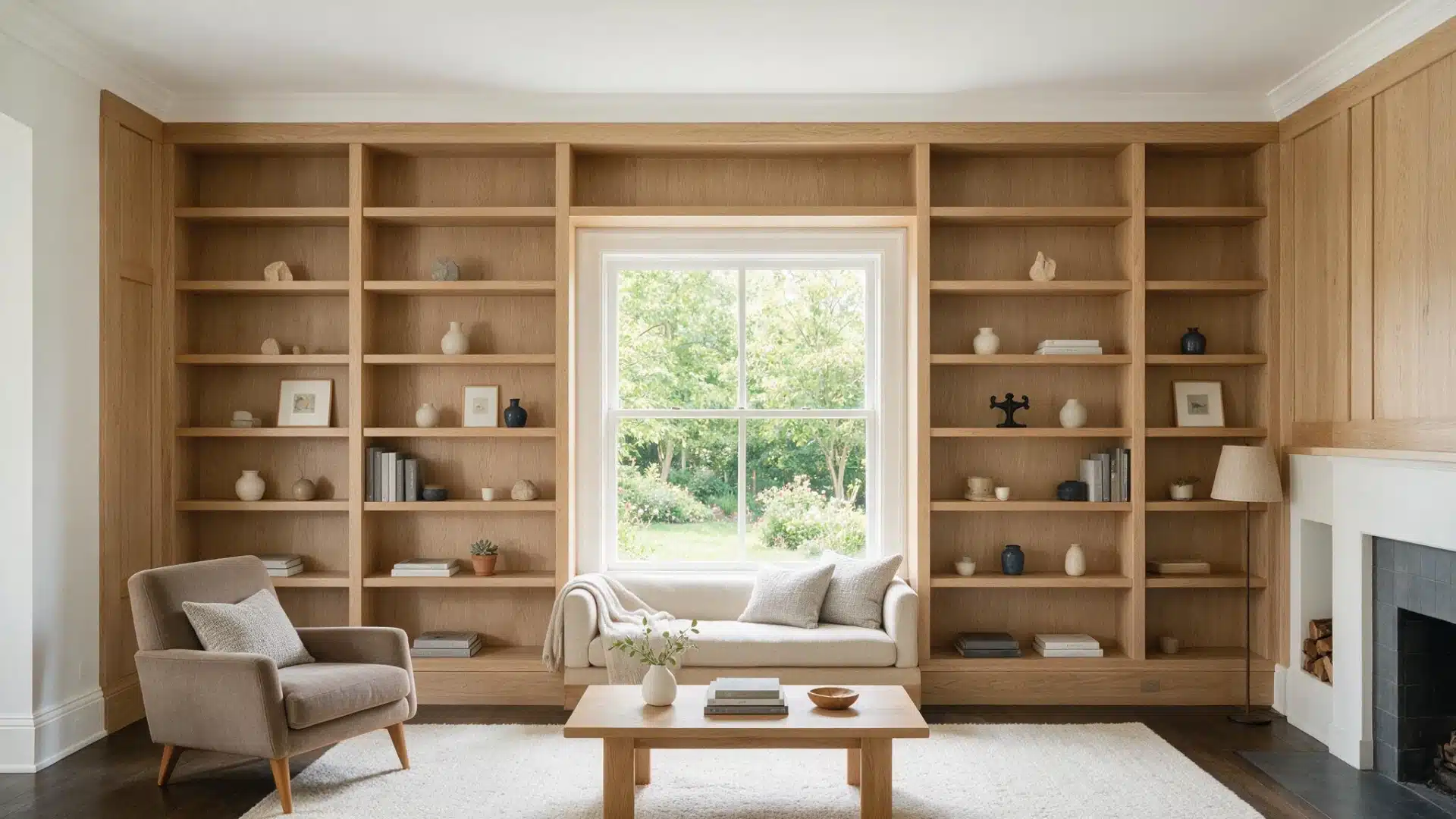 Wooden built-in bookshelves framing a large window with a daybed and armchair.