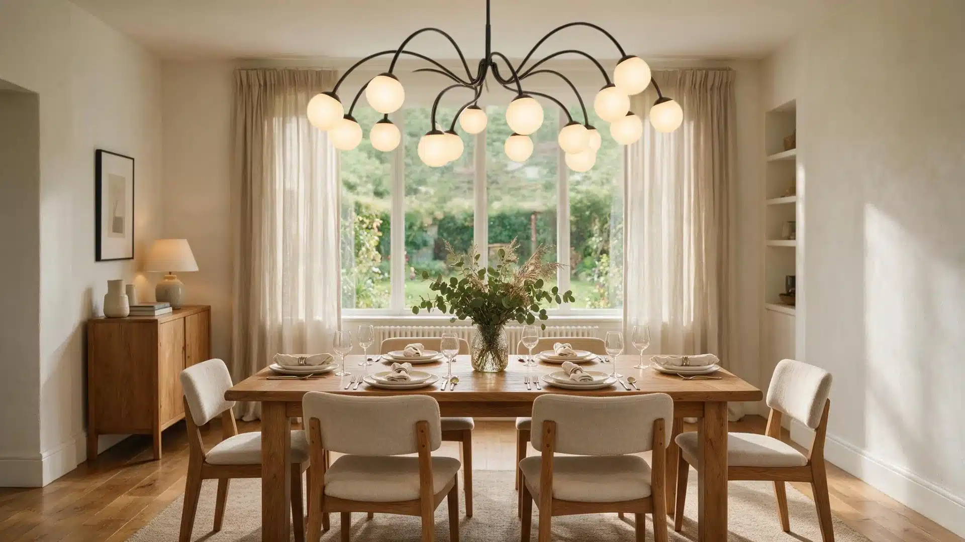 Wooden dining set under a large modern multi-globe chandelier facing a garden window.