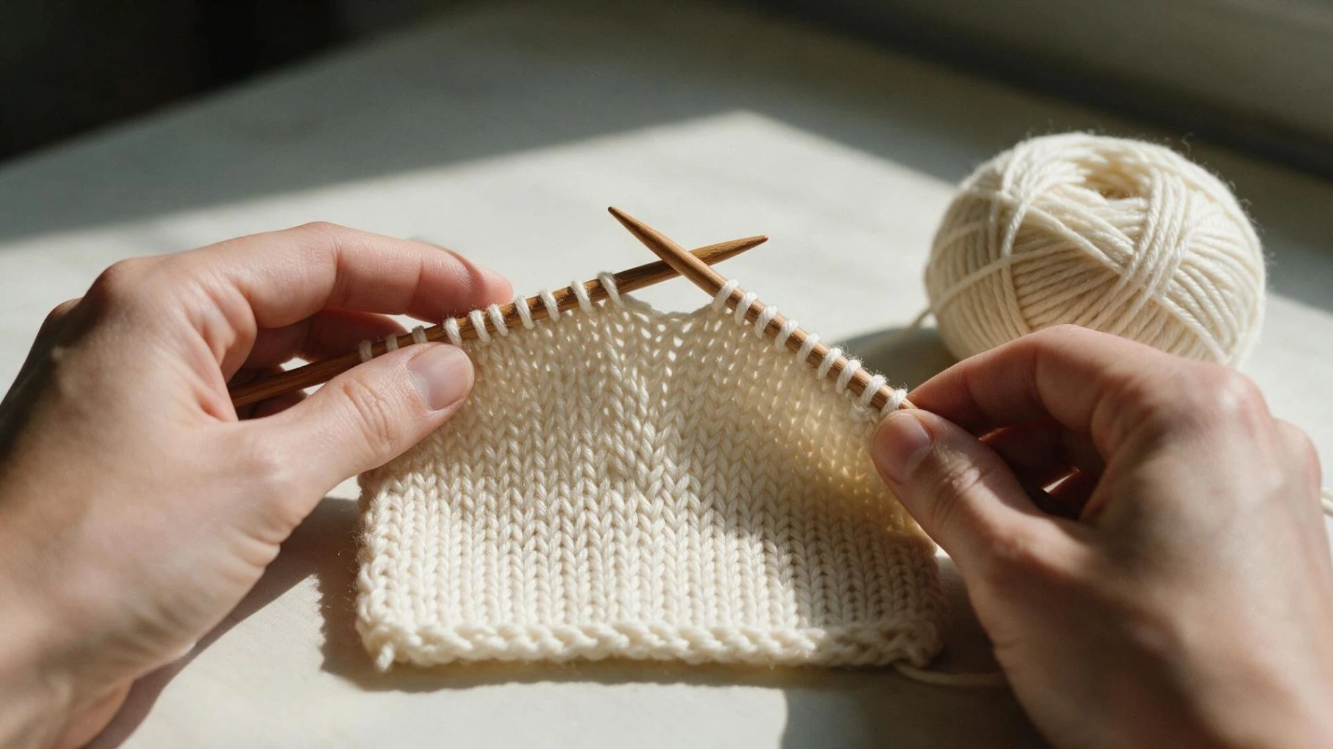 Close-up of a person engaged in knitting a white knitted item, showcasing their hands and the yarn.