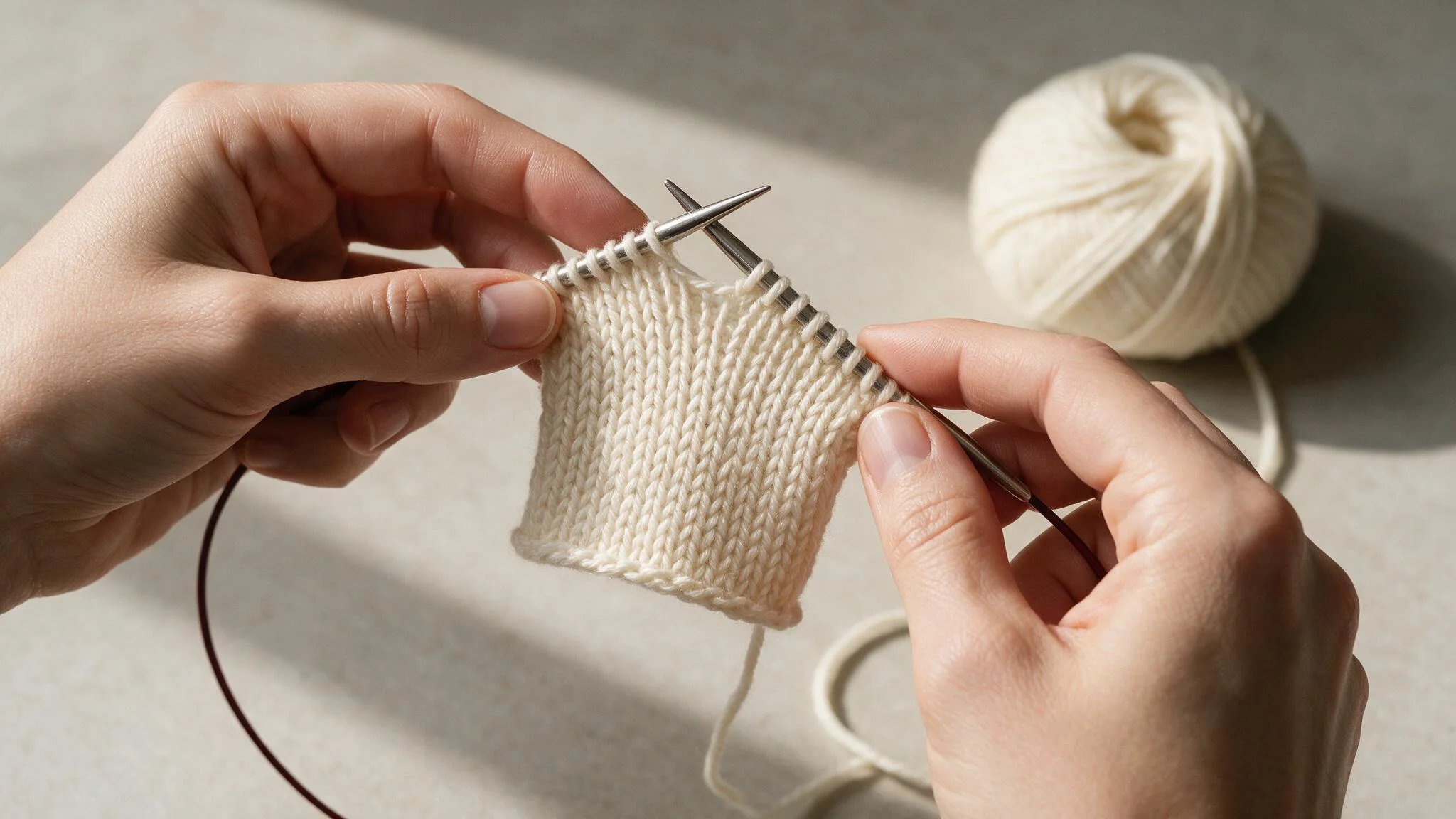 A person knitting with white wool, focused on their work, surrounded by cream yarns and knitting tools.