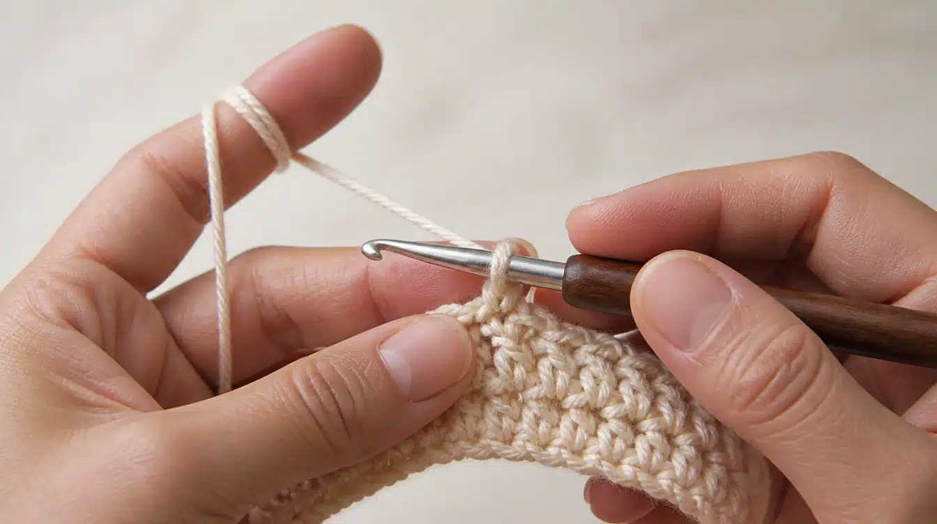 A person skillfully uses a crochet hook to create a cream yarn piece, showcasing their crafting technique.