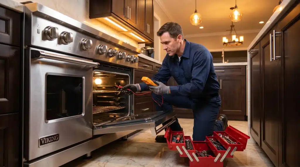 Technician examining oven with multimeter in modern kitchen with dark wooden cabinets