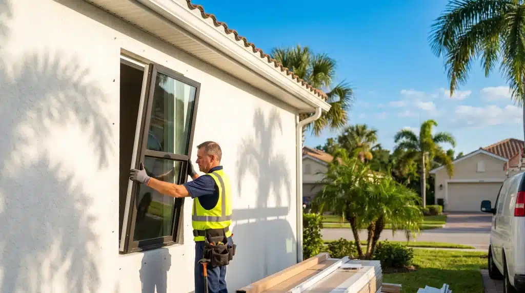 Worker installing window on house exterior in sunny residential neighborhood