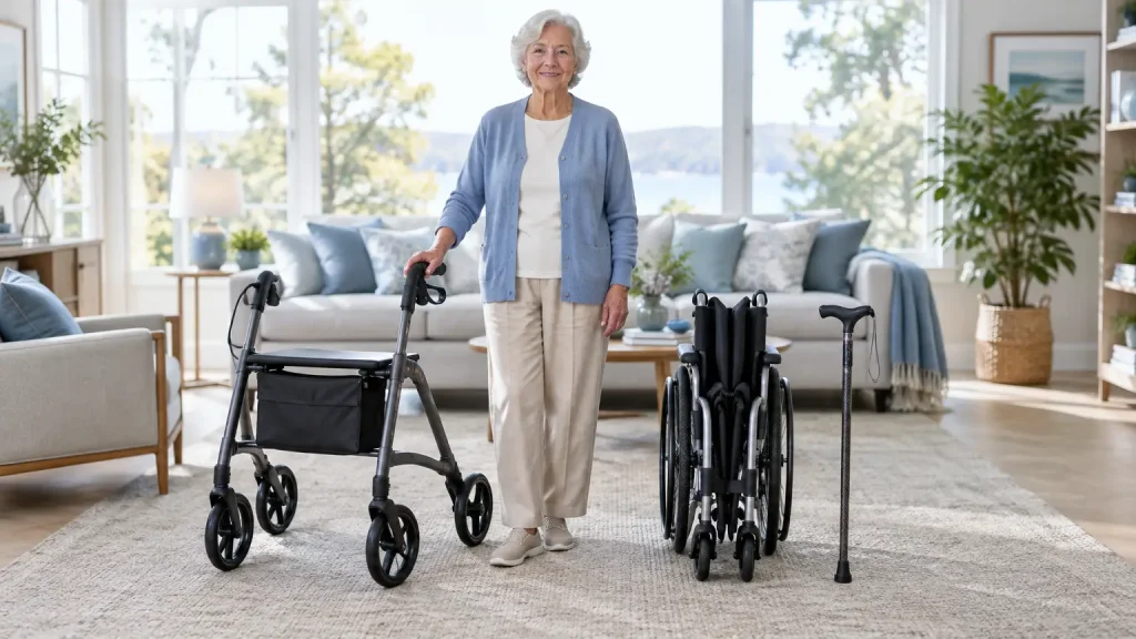 Elderly woman standing with walker, folded wheelchair, and cane in a bright living room