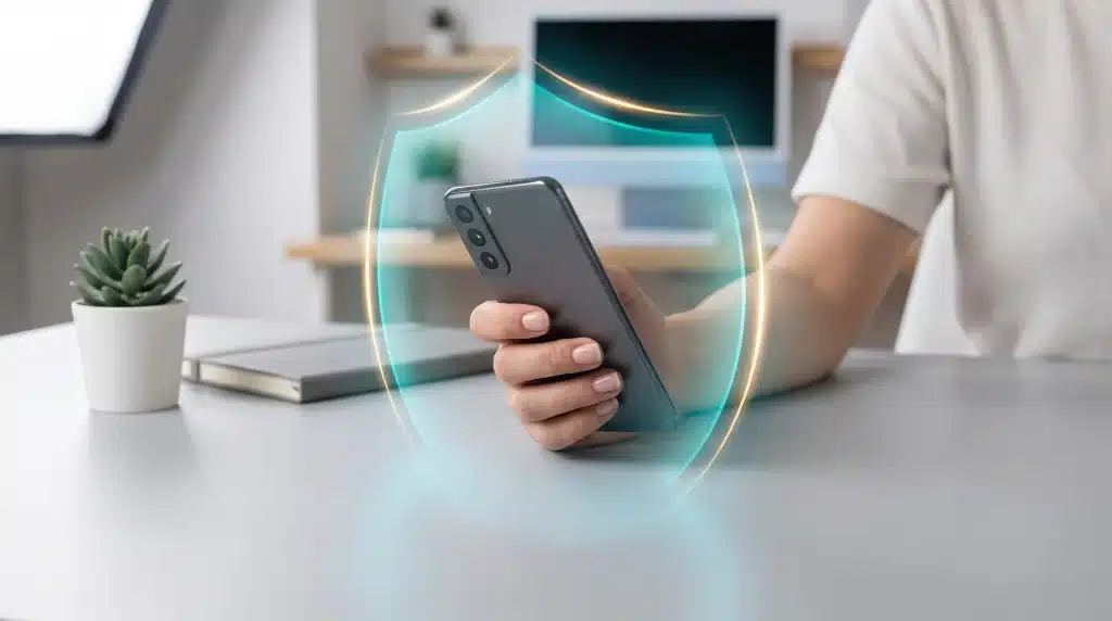Hand holding smartphone with glowing digital shield overlay in modern office setting