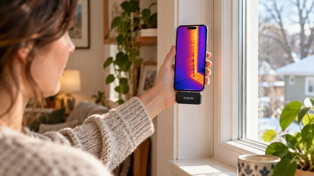 Person using smartphone with thermal imaging display by a sunny window indoors