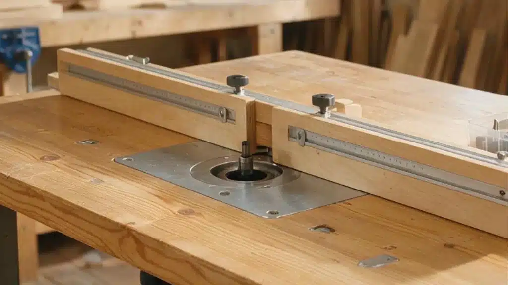 Wooden router table with adjustable split fence, metal insert plate, and raised router bit ready for precise woodworking cuts.