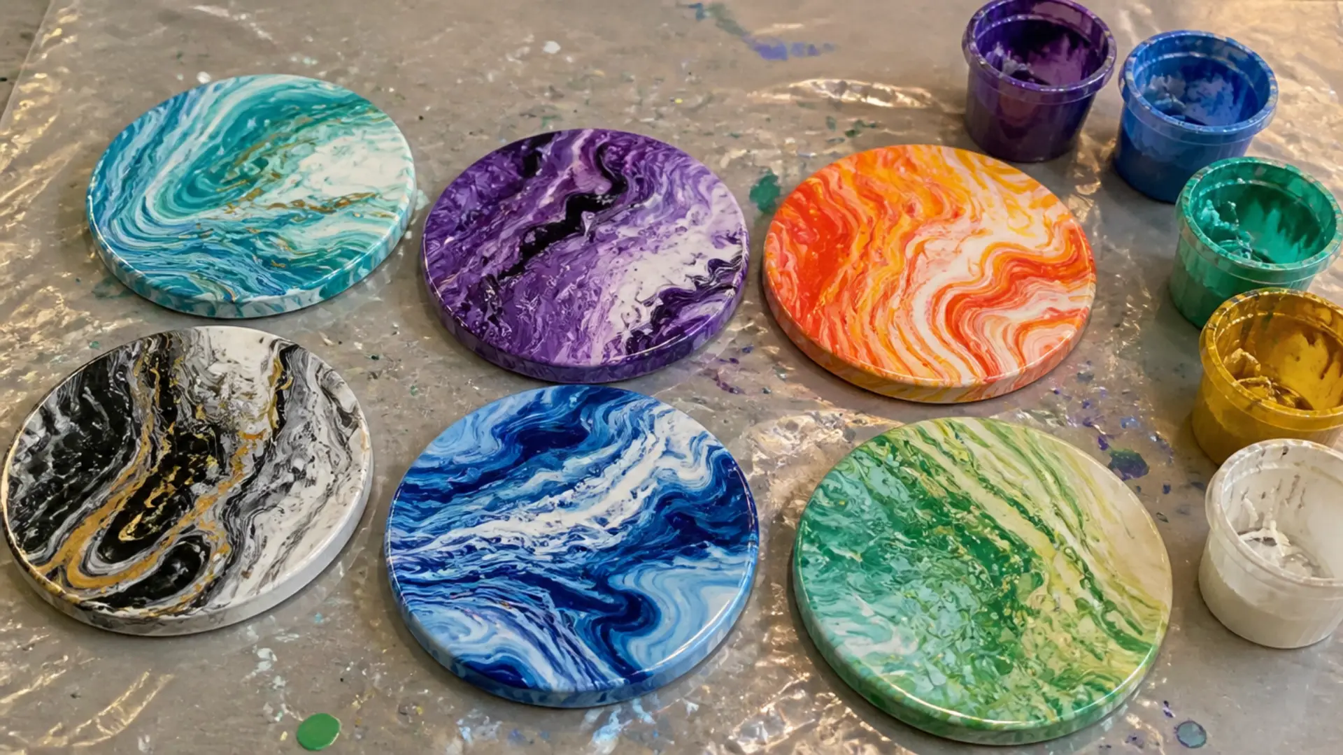 Colorful acrylic pour coasters with swirling marble patterns displayed beside open paint containers on a protected table