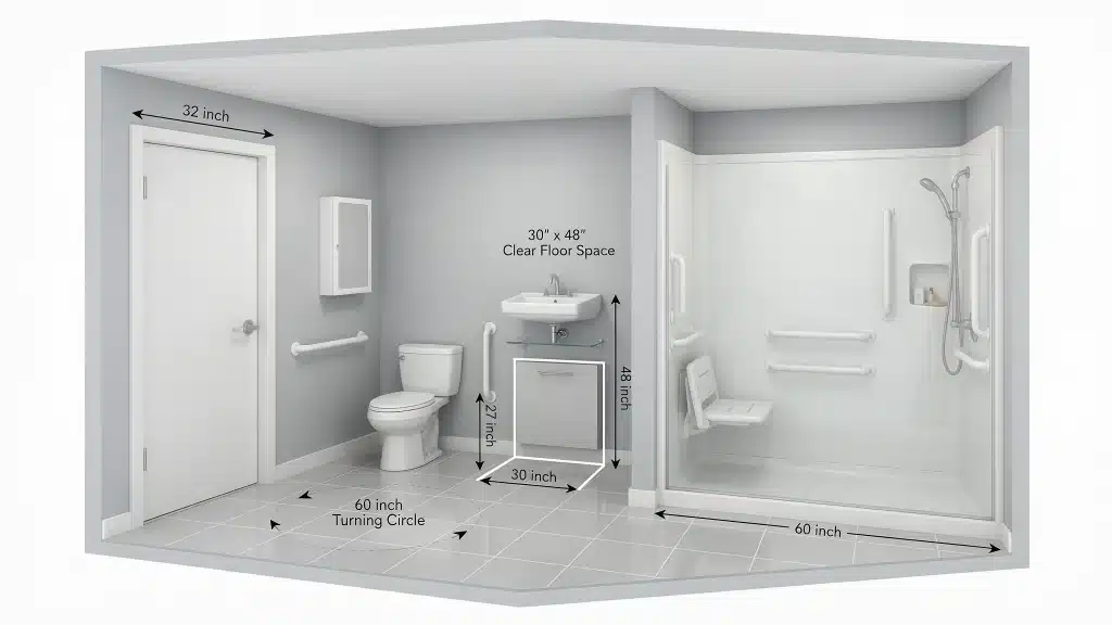 Accessible bathroom with toilet, sink, grab bars, roll-in shower, and labeled dimensions including a 60-inch turning circle and 30-by-48-inch clear floor space.