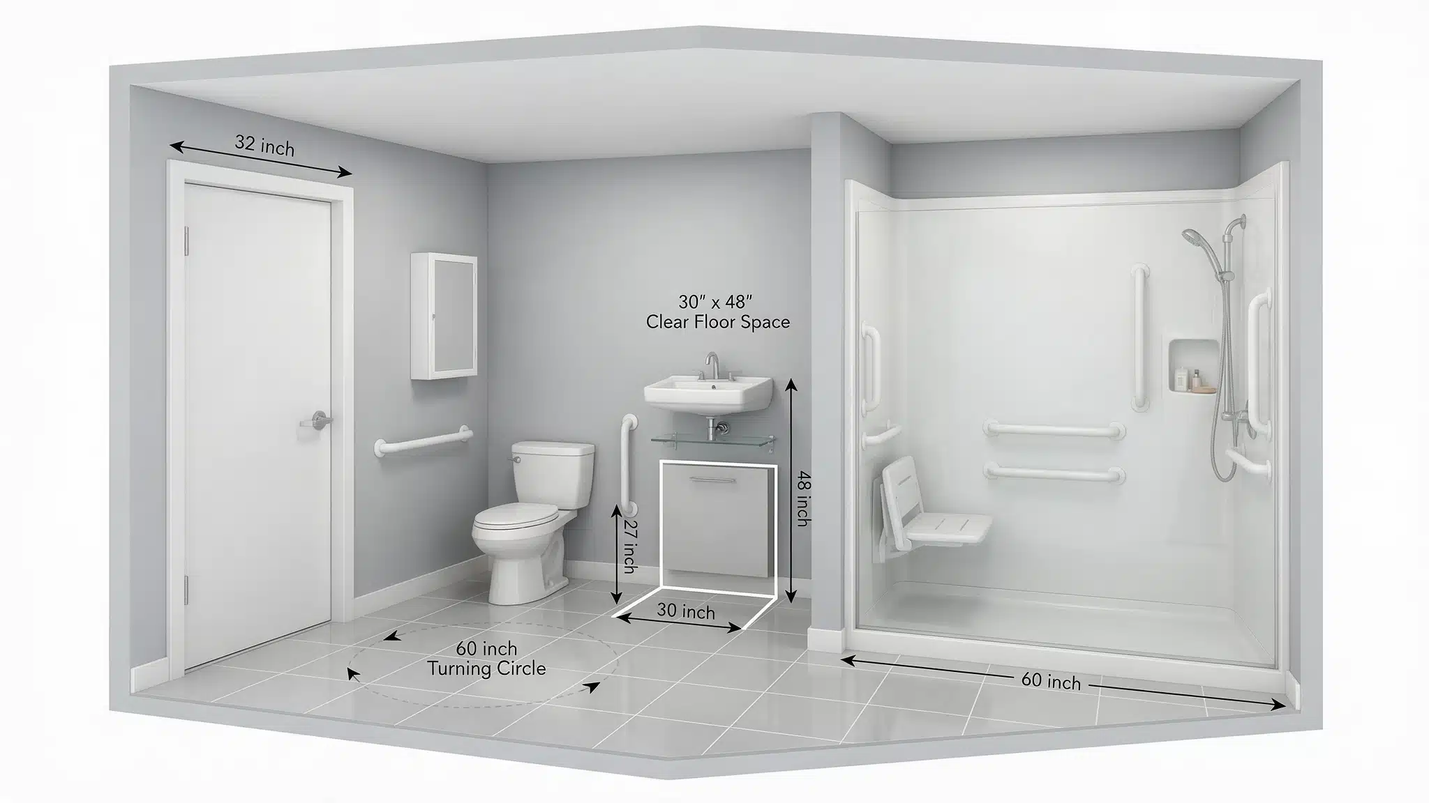 Accessible bathroom with toilet, sink, grab bars, roll-in shower, and labeled dimensions including a 60-inch turning circle and 30-by-48-inch clear floor space.