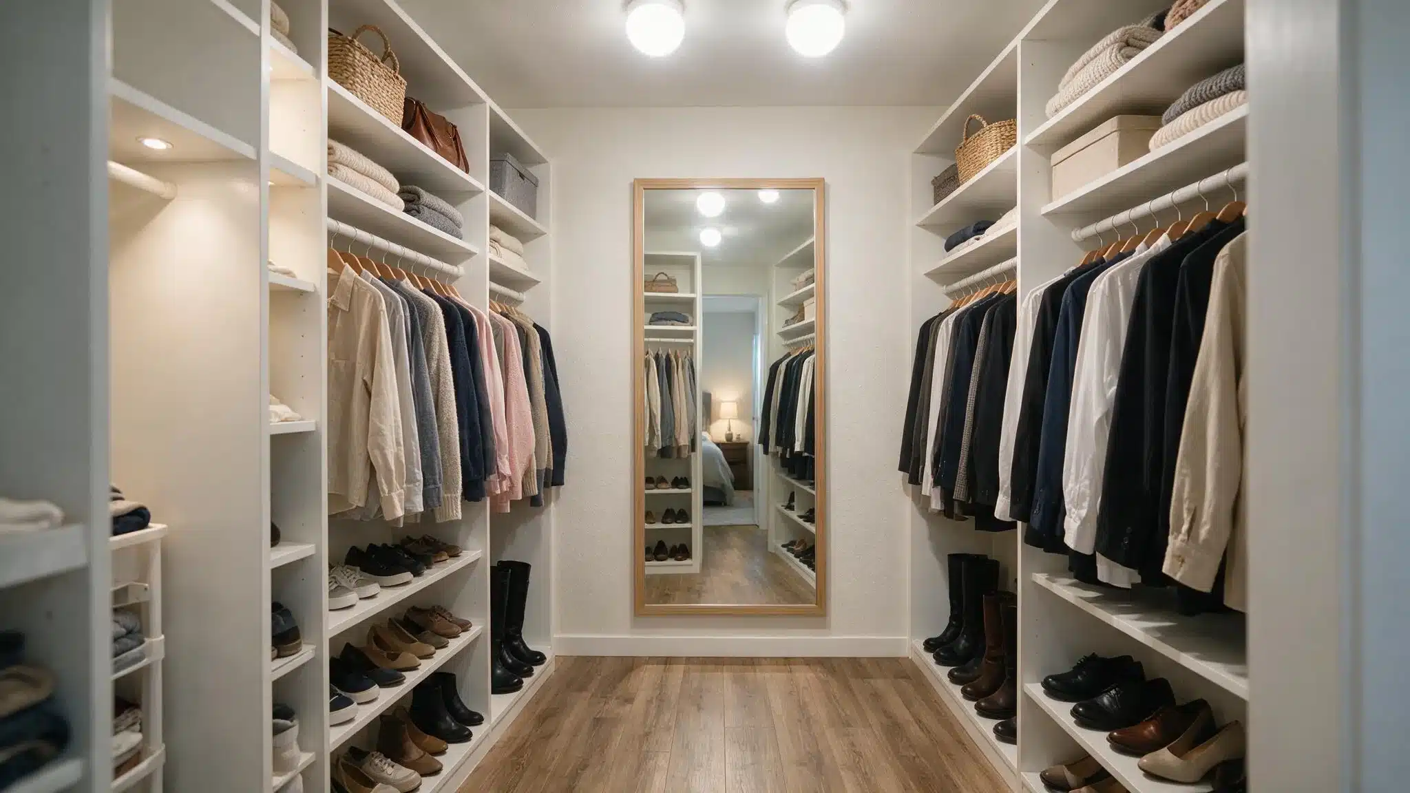 Bright walk in closet with shelving on both sides hanging clothes shoe storage and a large mirror at the back wall