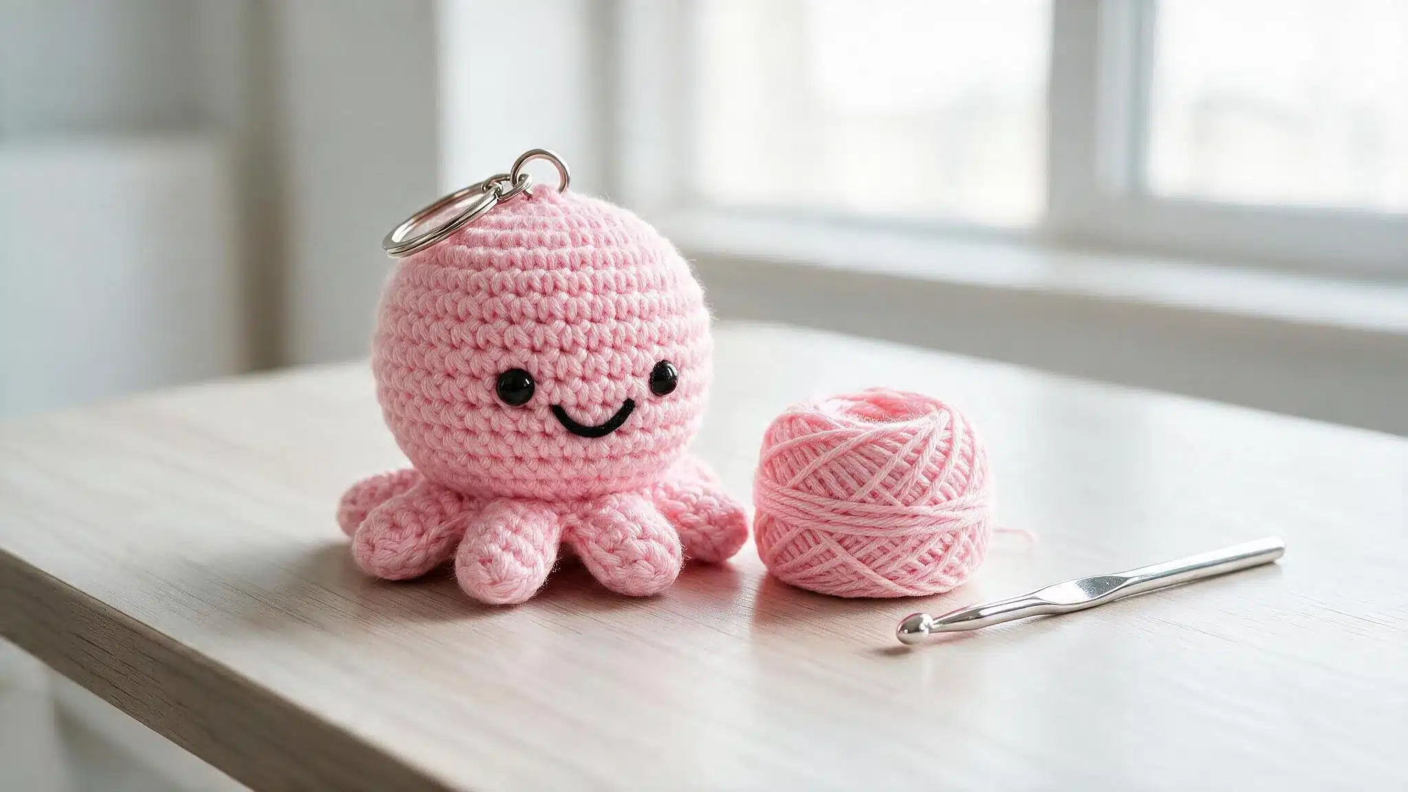 Pink crochet octopus keychain beside matching yarn and a metal crochet hook on a bright wooden craft table indoors