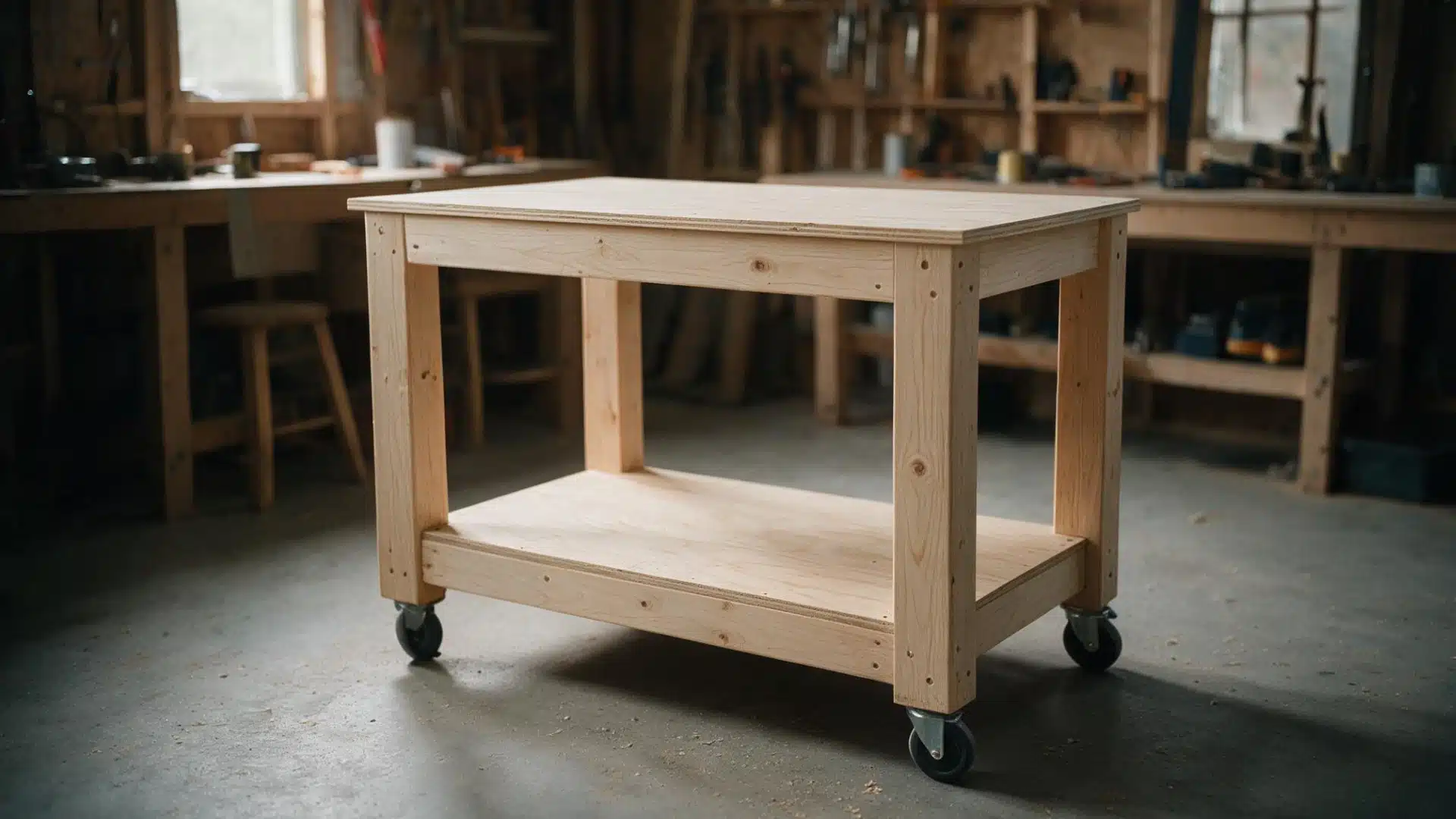 Wooden workbench with lower storage shelf and caster wheels for easy movement around a workshop.