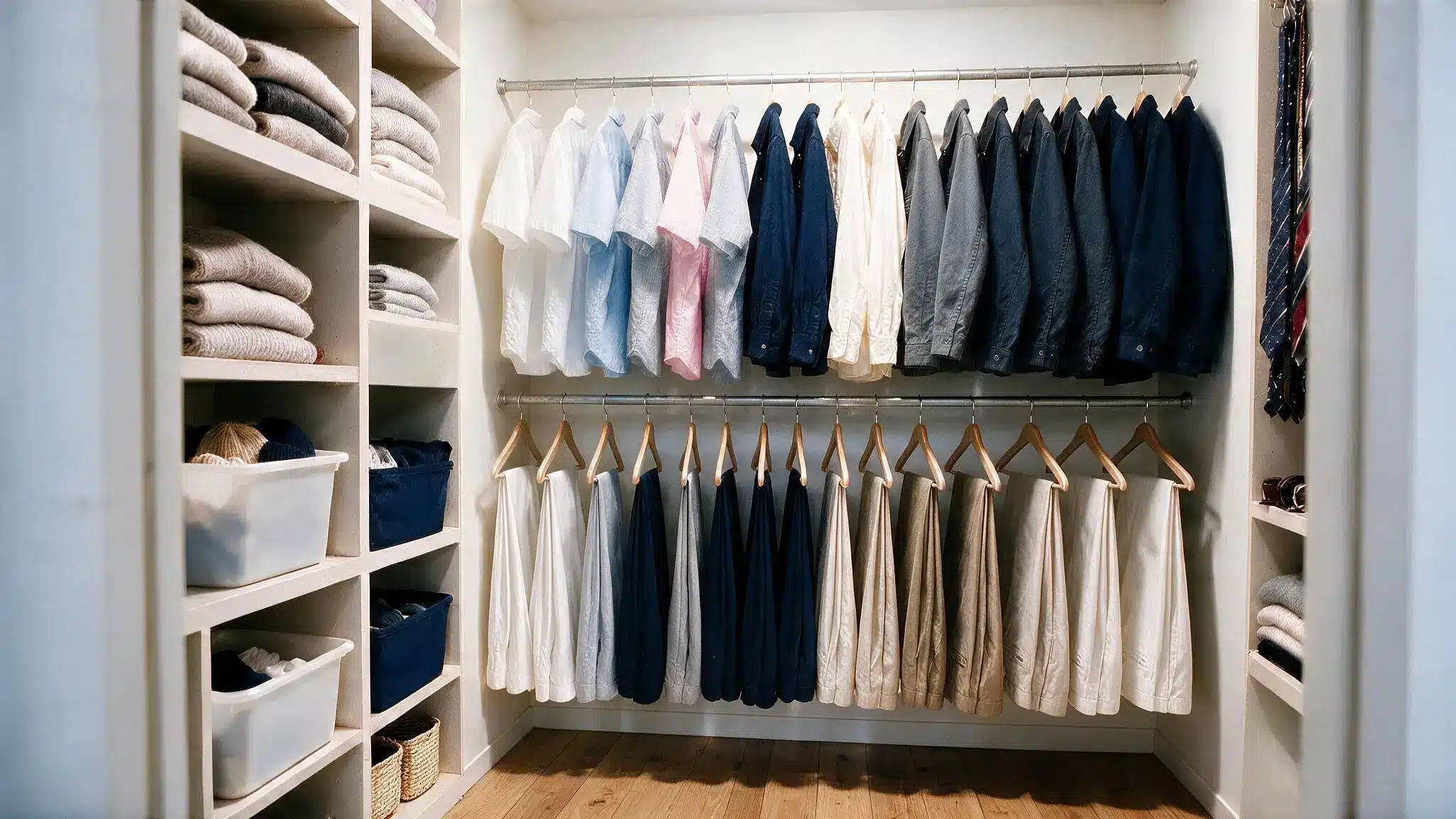 Compact walk in closet with double hanging rods open side shelves folded sweaters storage bins and clear floor