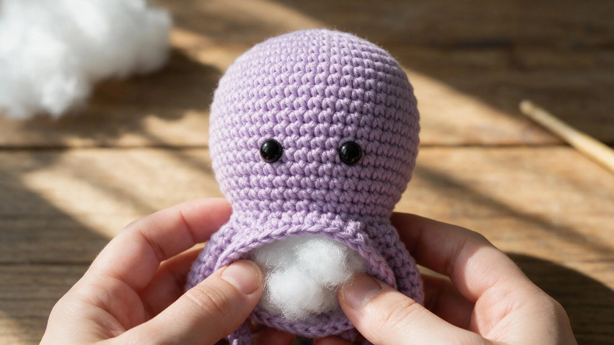 Hands stuffing a lavender crochet octopus body with white fiberfill while black safety eyes face forward clearly