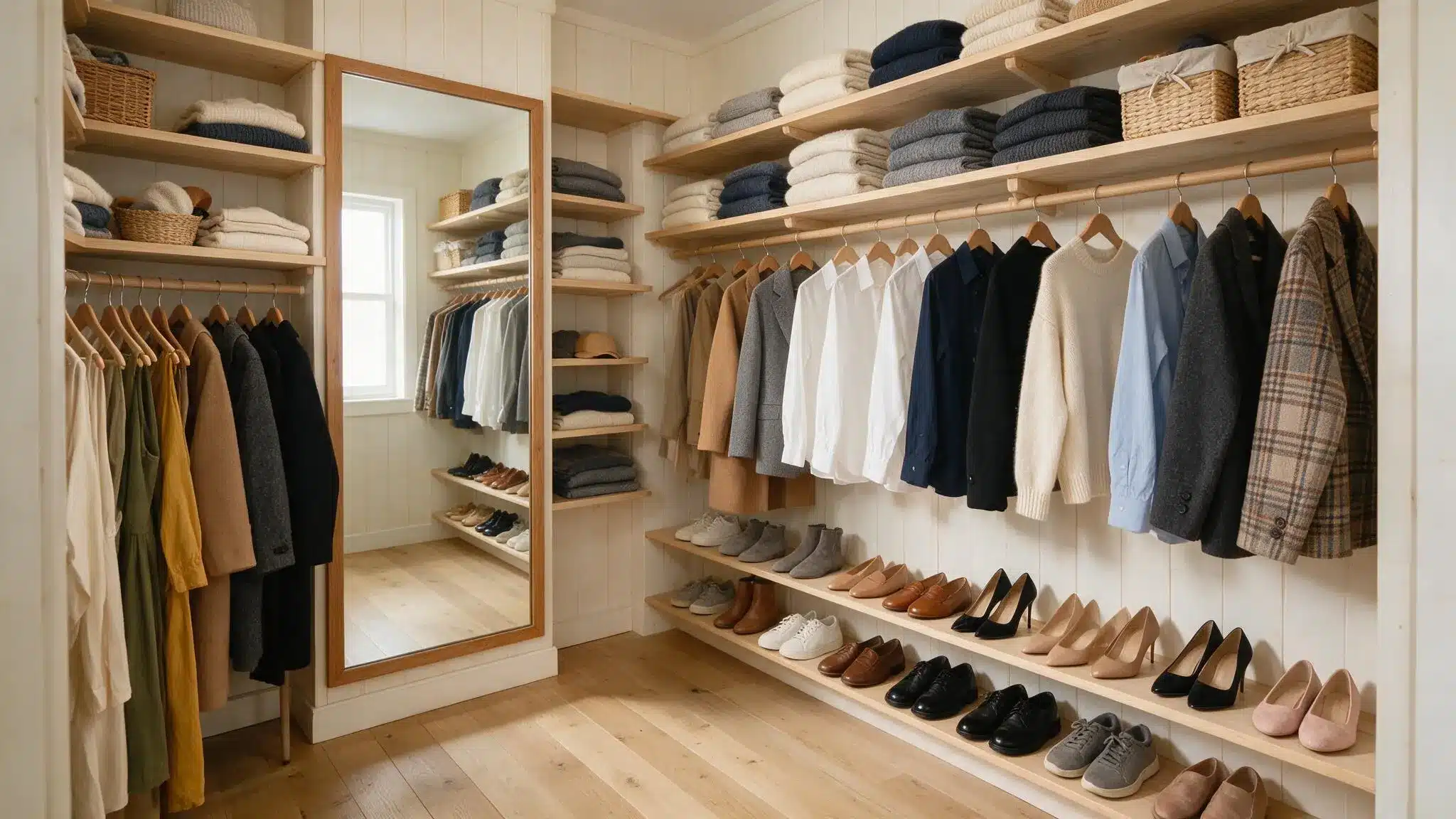 Walk in closet with a full length mirror hanging clothes open wood shelves shoe rows baskets and clear floor space