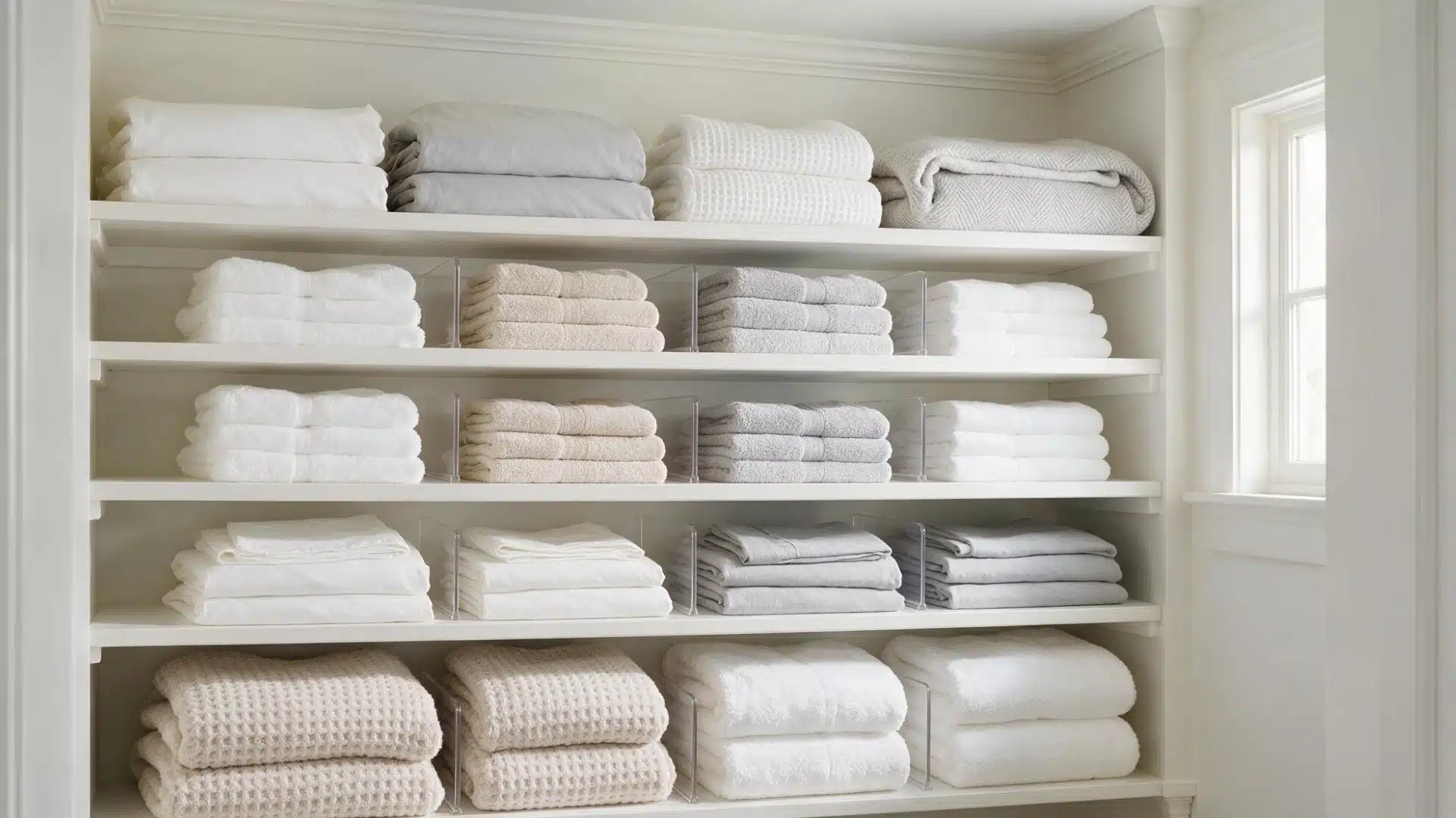 Folded towels sheets and blankets kept upright with slim shelf dividers between each stack.