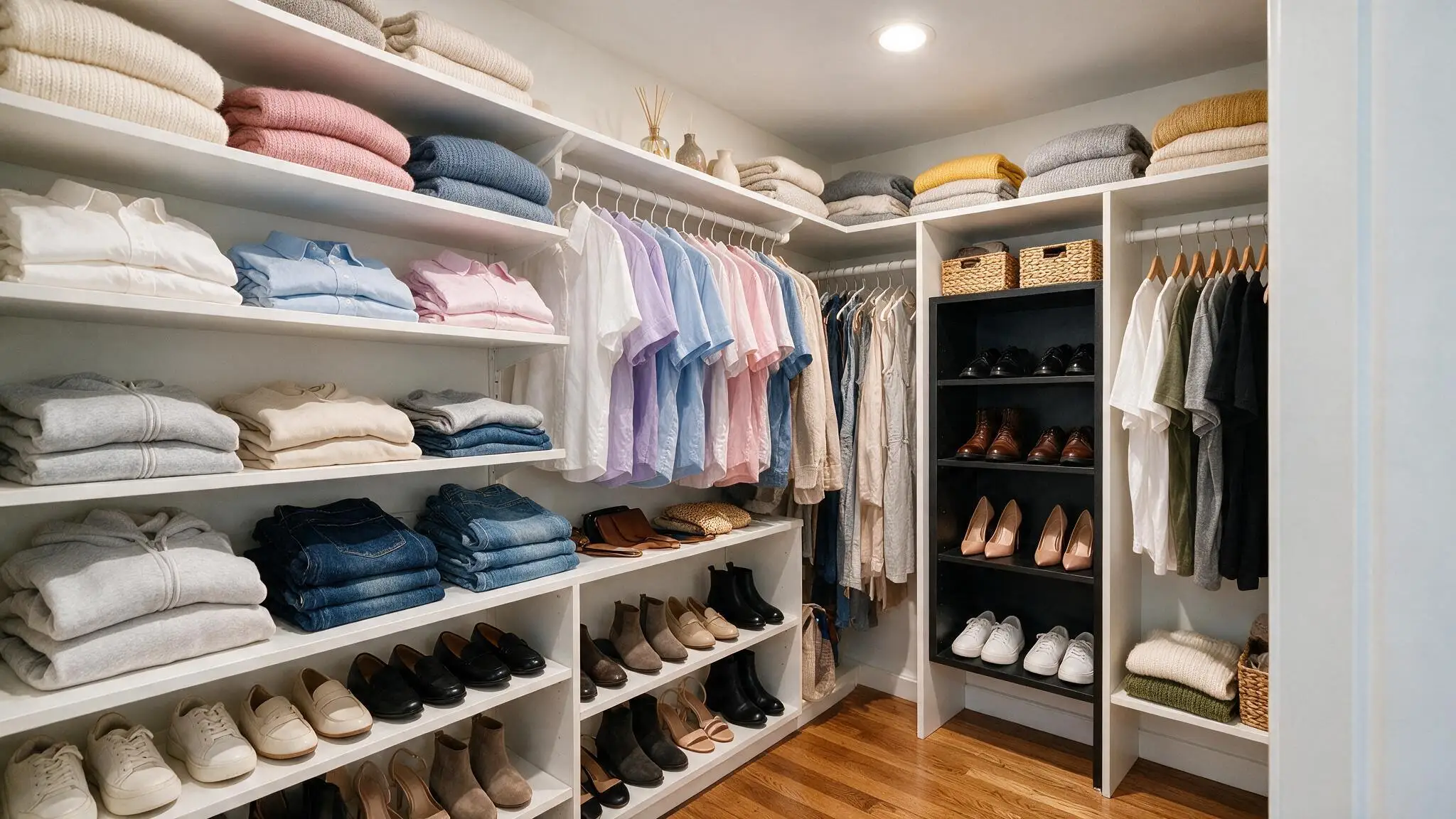 Walk in closet with open shelves folded sweaters shoe storage black shelving hanging clothes and wood flooring