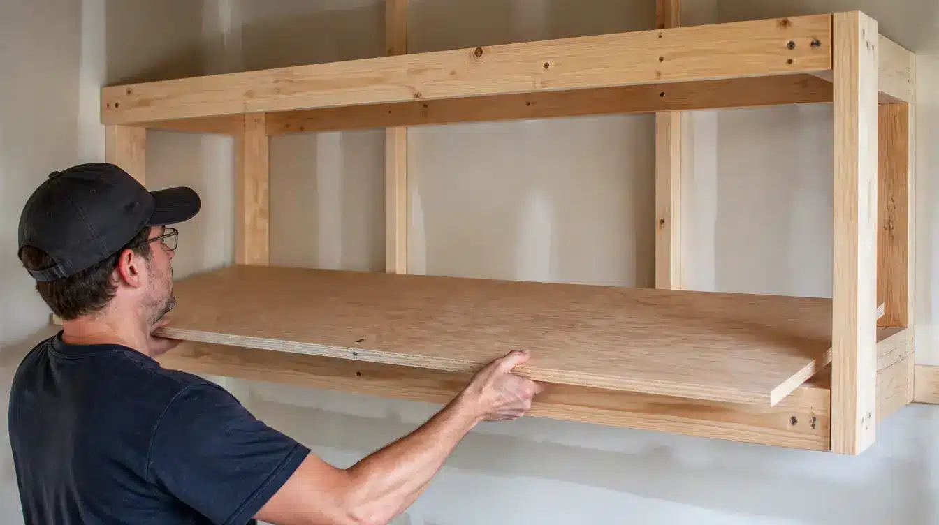 Add plywood or OSB shelf surfaces to the completed wooden supports