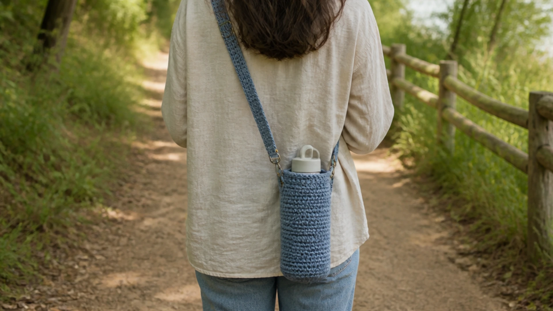 Blue <echighlighted><echighlighted>crochet water bottle holder</echighlighted></echighlighted> with adjustable crossbody strap worn on a nature trail