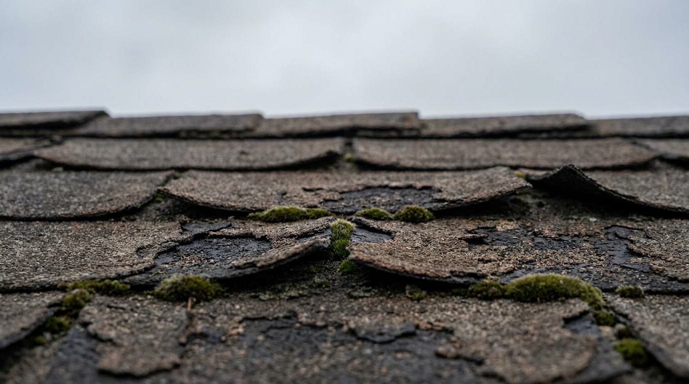 Aged roof shingles with moss growth under cloudy sky, close-up view