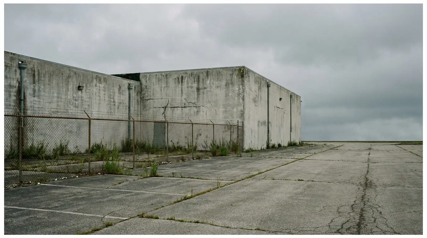 Abandoned concrete building with cracked pavement and chain-link fence under overcast sky