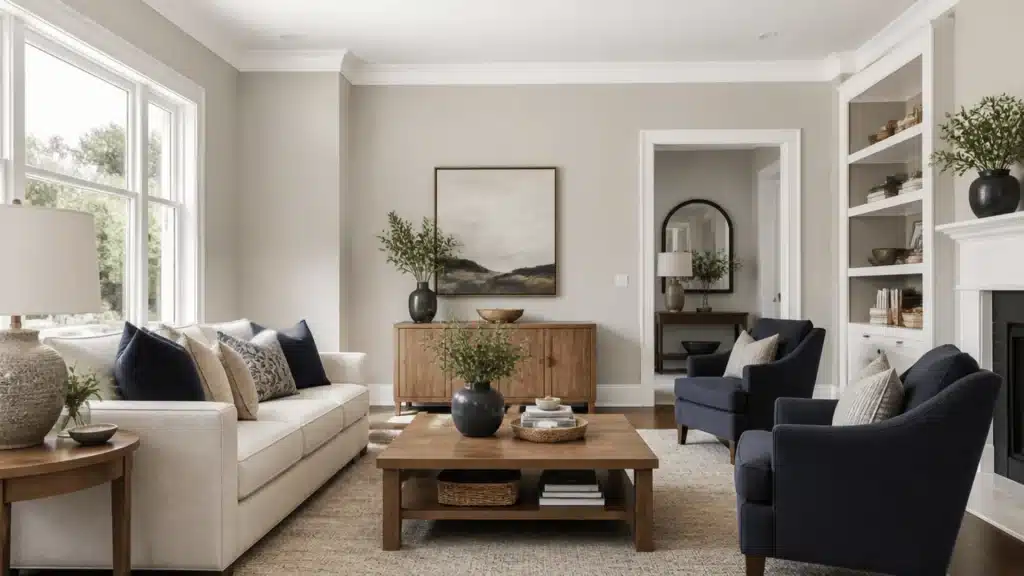 Bright living room with a white sofa, two navy armchairs, wooden coffee table, fireplace, built-in shelves, and large windows.