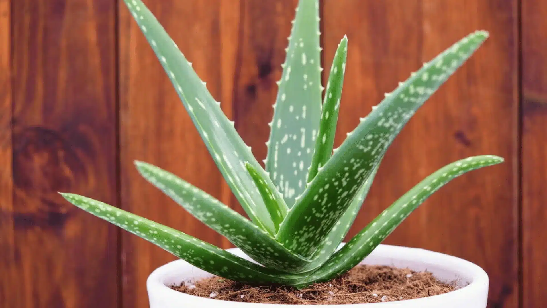 A spiky aloe vera plant with spotted green leaves sits in a white pot against a wooden panel background.