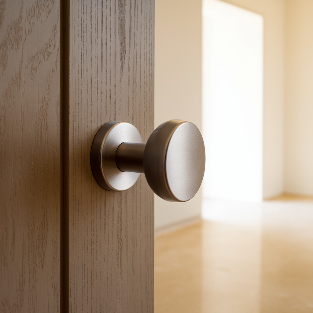 Close-up of a satin nickel door knob on a dark wood door, showing its soft silver-gray finish under warm natural light.