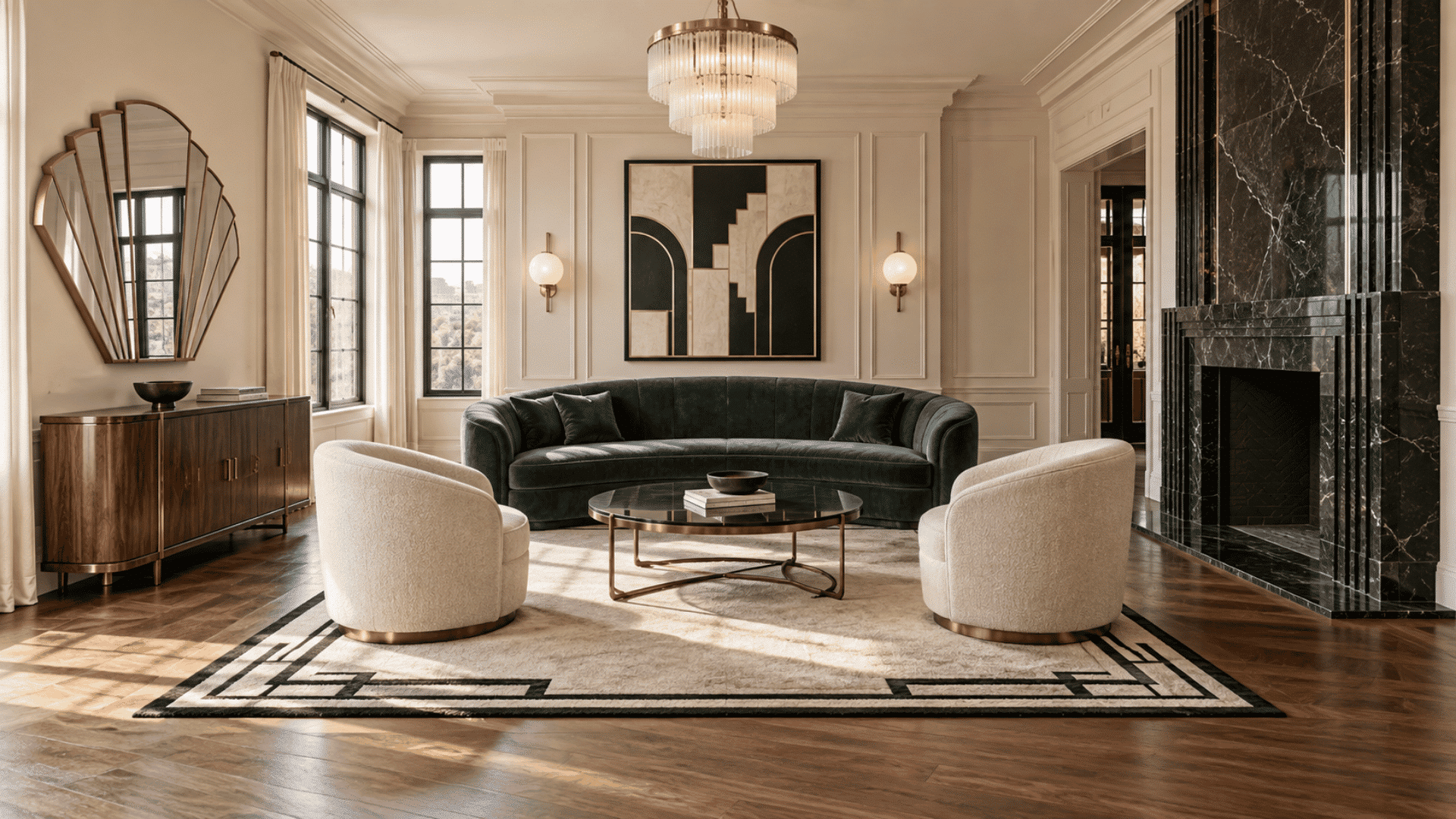 modern art deco living room with emerald velvet sofa black marble fireplace and brass lighting