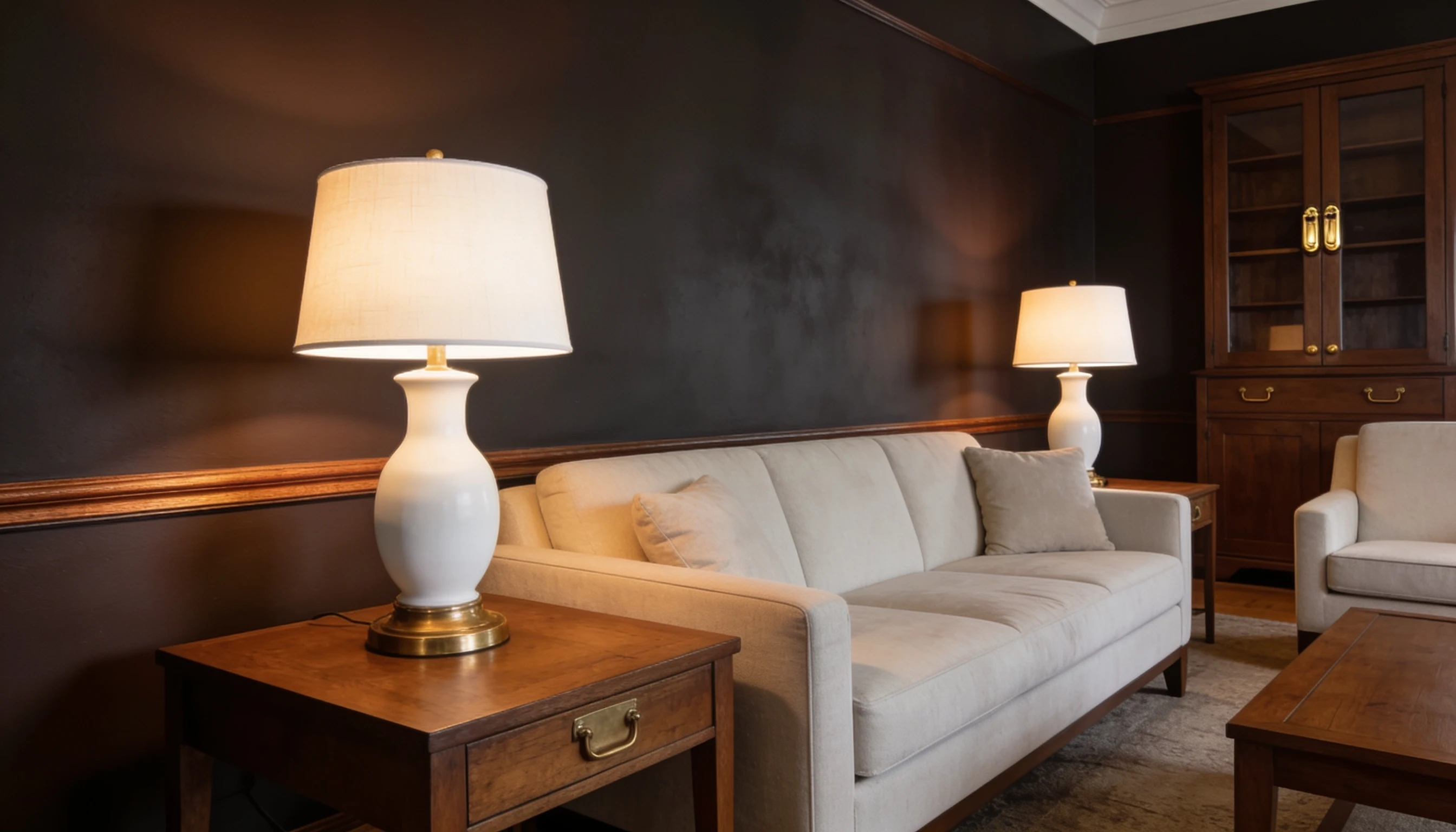 A cozy living room featuring two couches and a standing lamp, creating a warm and inviting atmosphere.