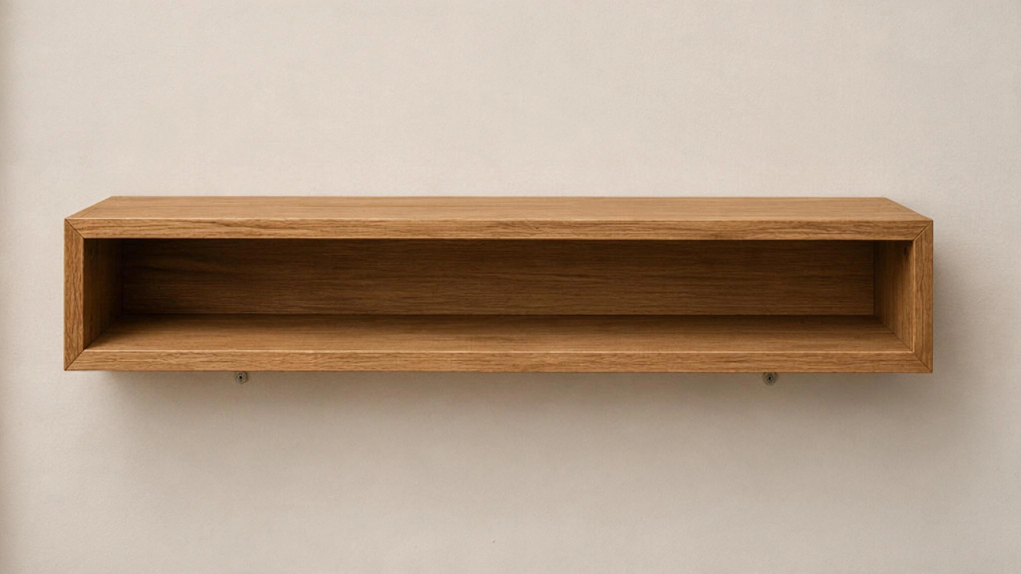 Finished wooden floating shelf sliding over the hidden wall cleat for a secure flush installation.