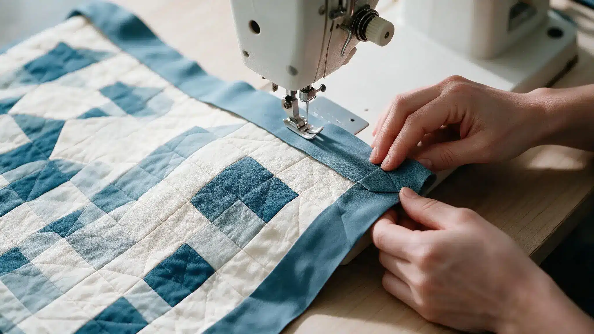 Hands attach blue quilt binding at a corner under a sewing machine while forming a neat mitered fold along the edge