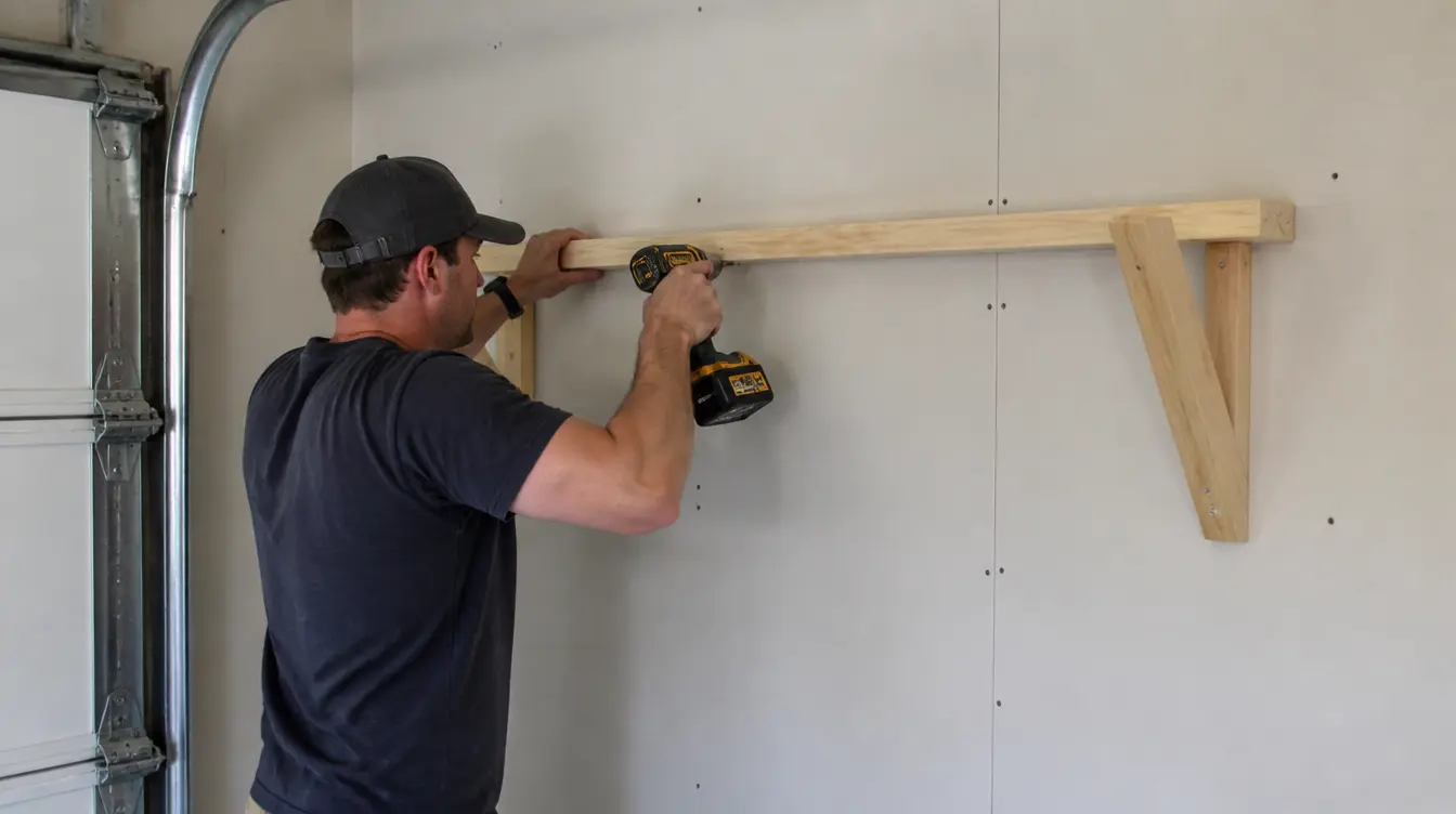 Attach the wooden shelf supports securely to the garage wall studs