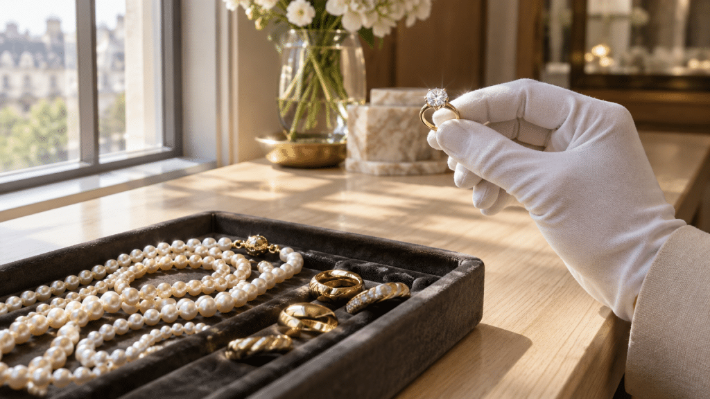 Velvet jewelry tray with pearl necklace and gold rings in sunlit room