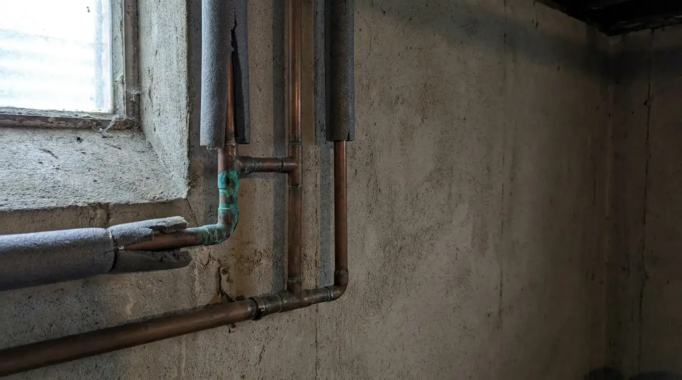 Copper pipes with insulation in a dimly lit unfinished basement corner