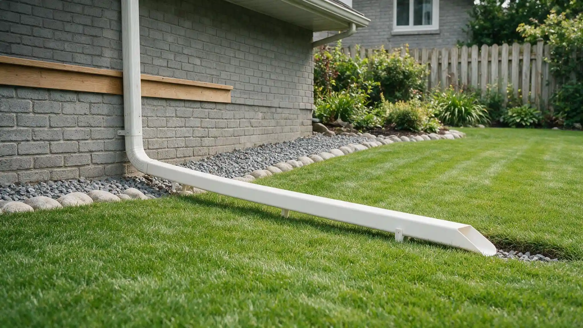 A white downspout extension carries rainwater from a gray brick house across the lawn toward a gravel drainage bed.