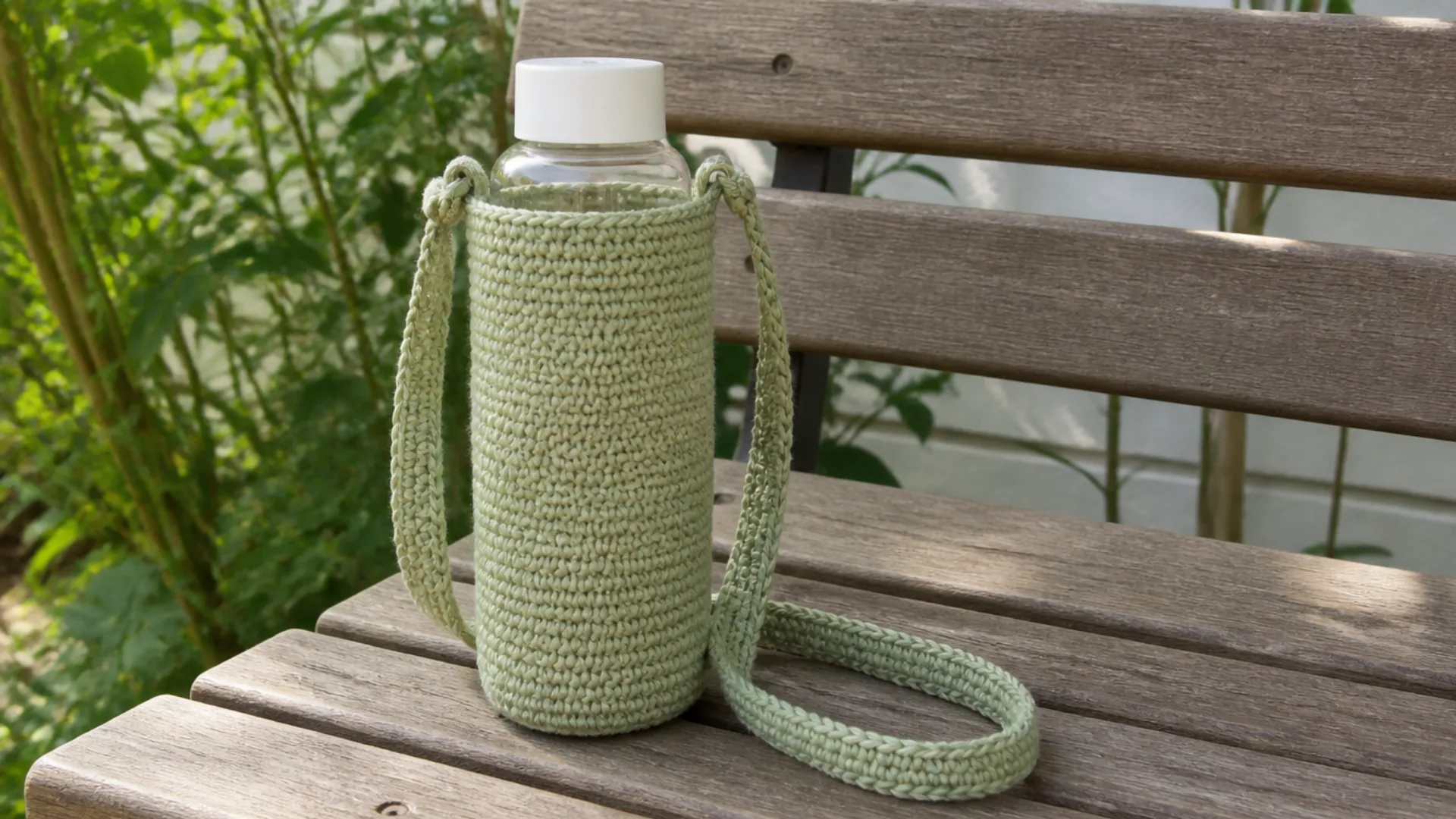 Light green <echighlighted><echighlighted>crochet water bottle holder</echighlighted></echighlighted> with a long shoulder strap resting on a wooden garden bench