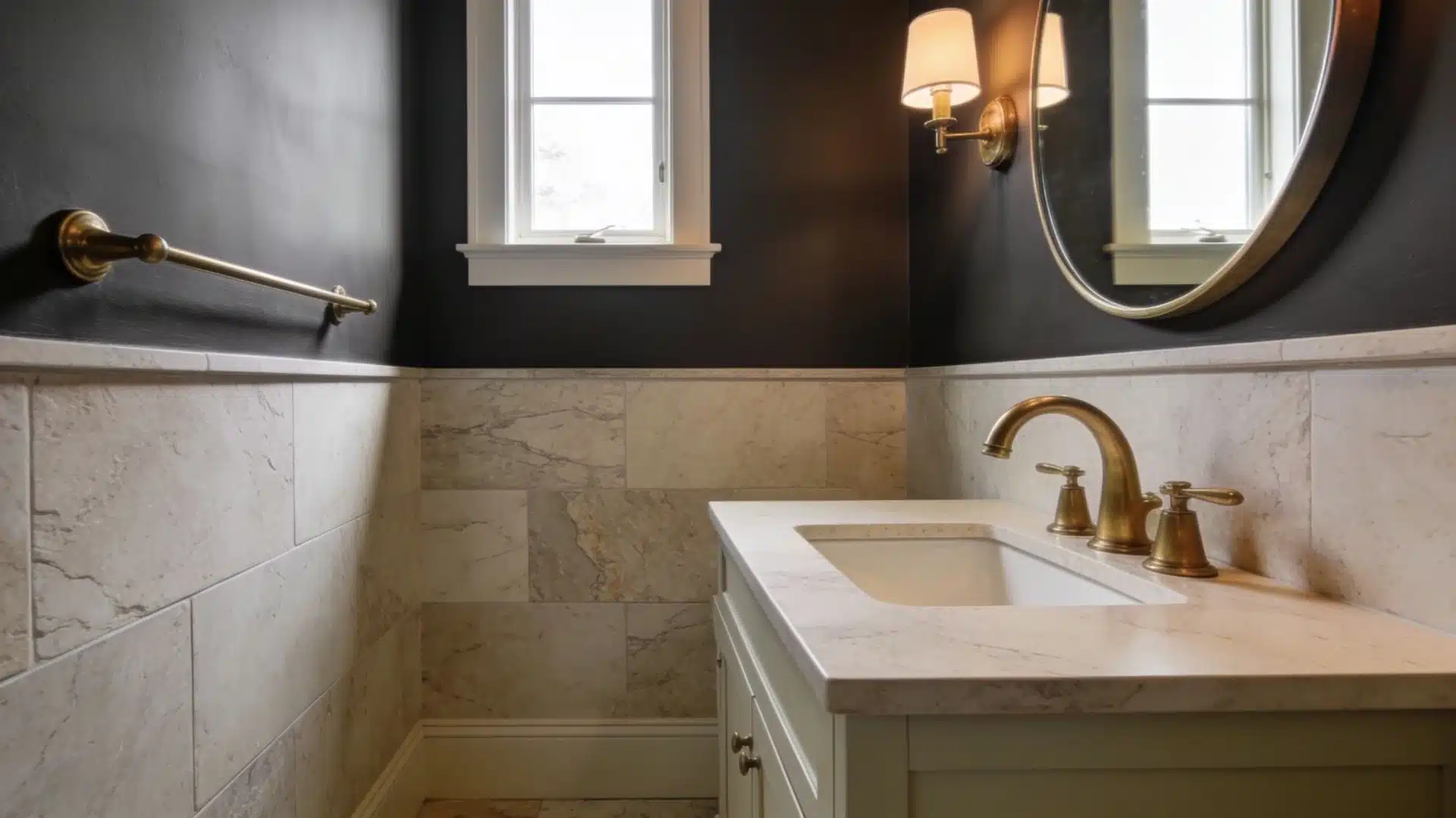 A modern bathroom featuring black walls contrasted with white tiles, creating a sleek and stylish atmosphere.