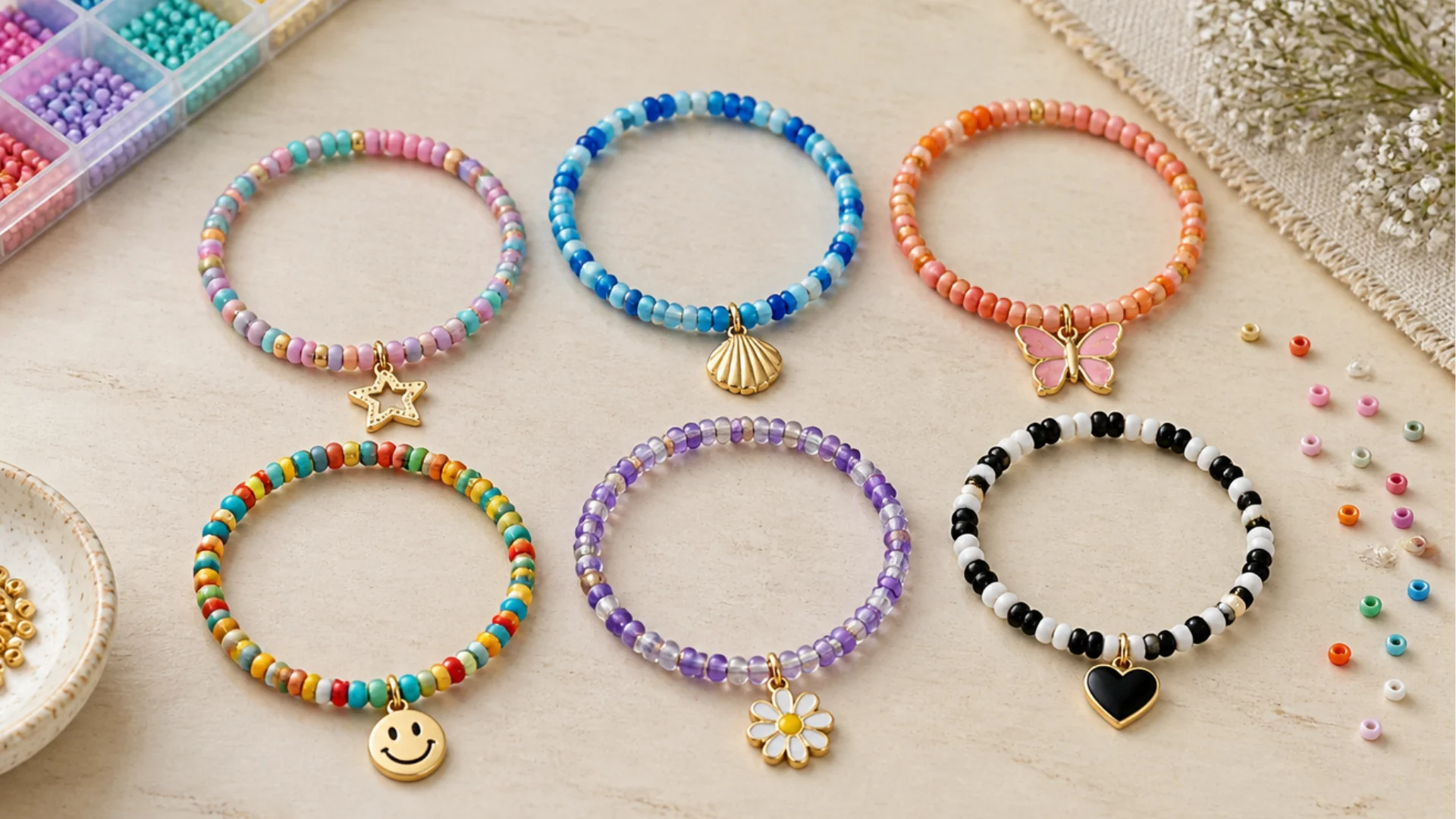 Colorful beaded charm bracelets with star shell butterfly flower heart and smiley charms arranged on a table