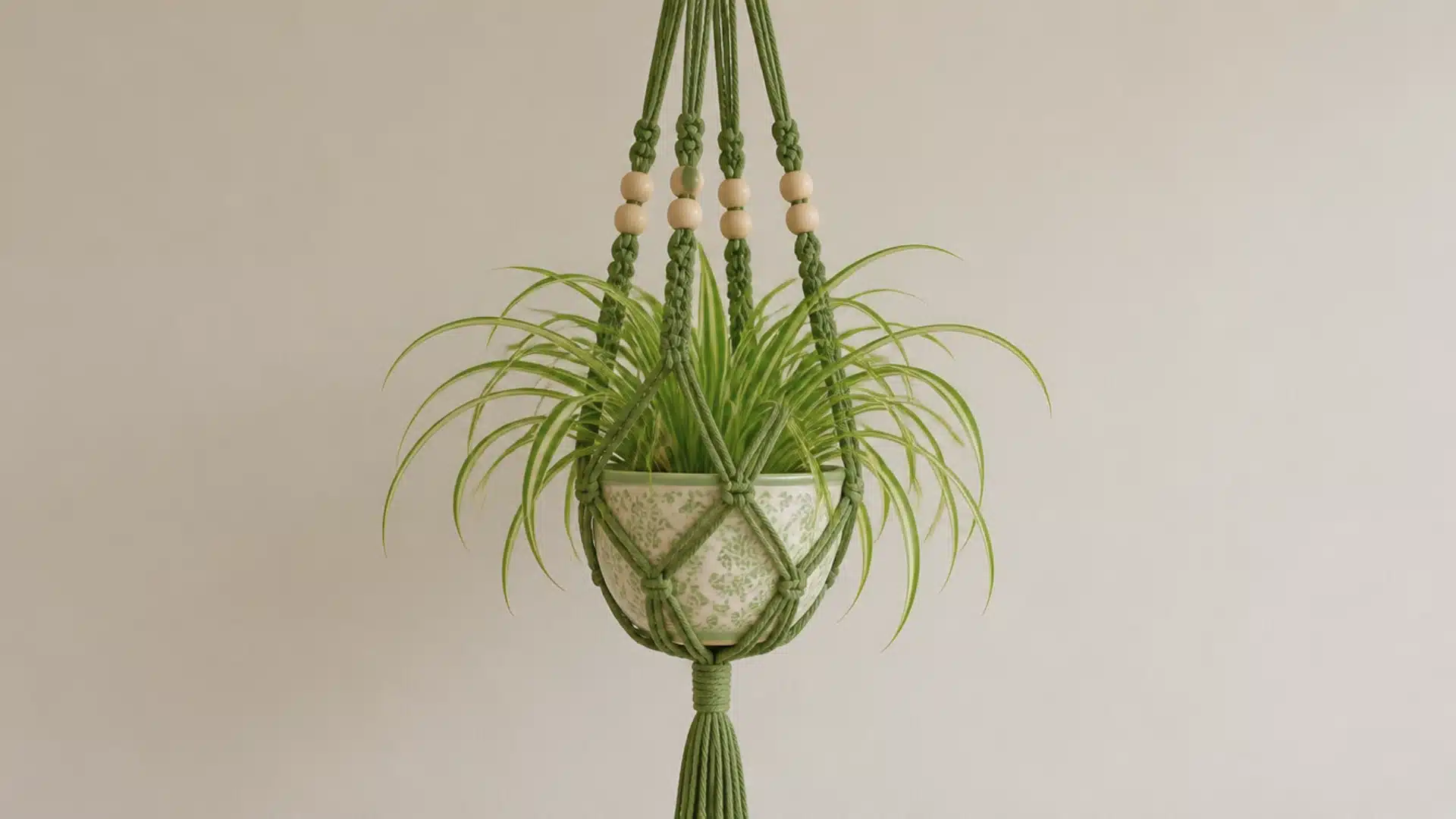 Green crochet plant hanger with wooden beads holding a spider plant in a patterned white pot.