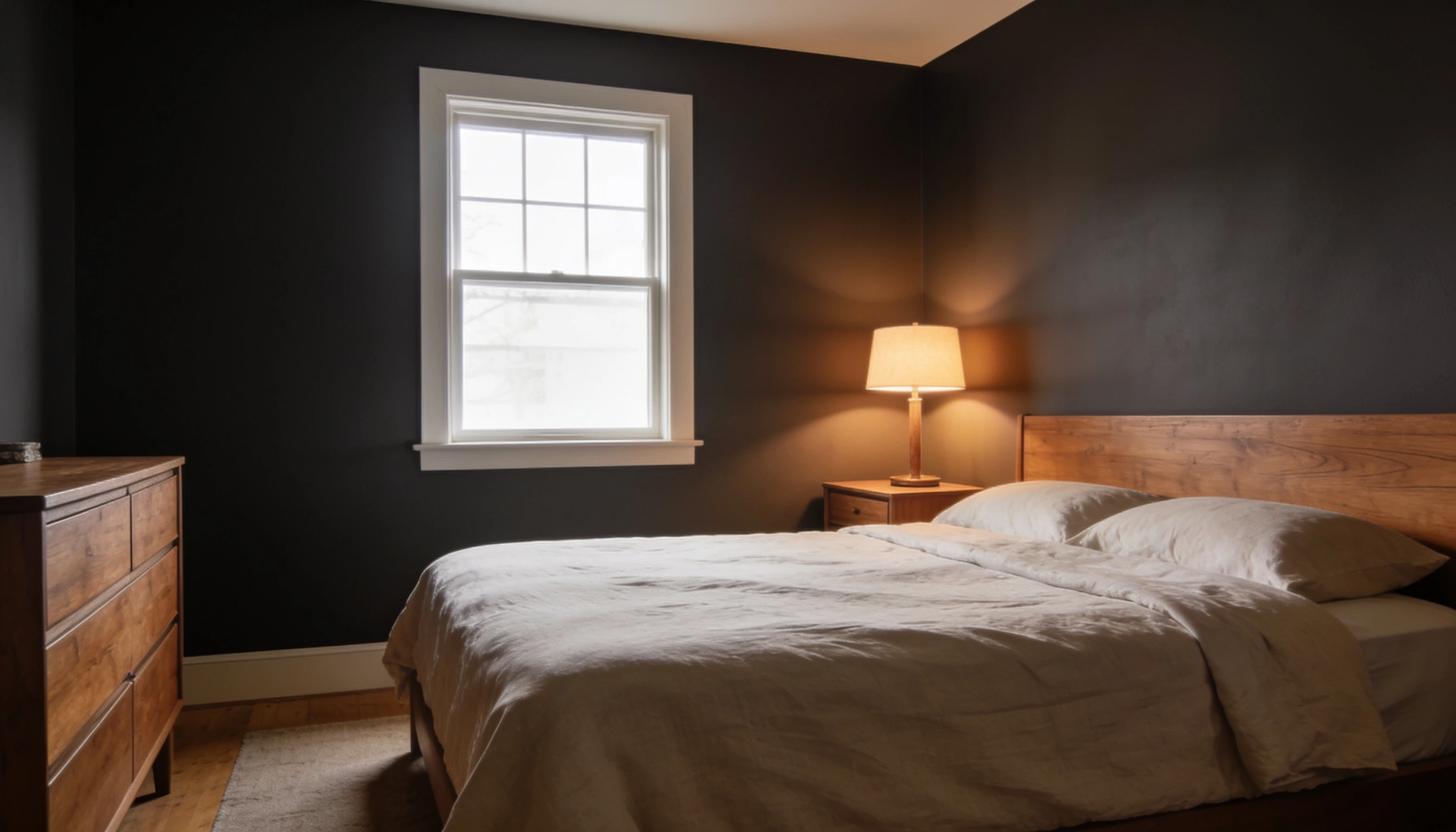 A cozy bedroom featuring a neatly made bed, a wooden dresser, and a window allowing natural light to enter.