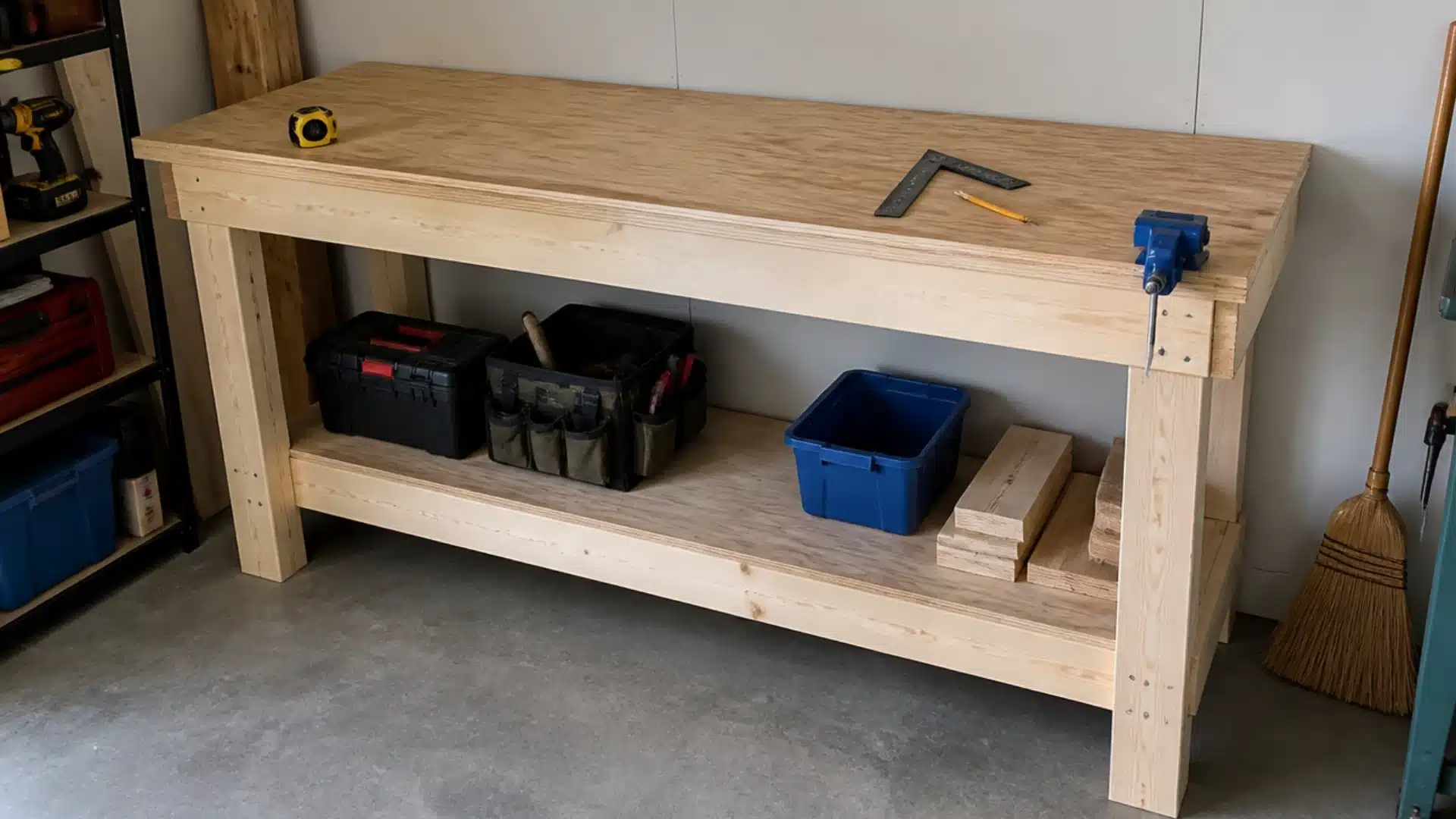 Simple wooden workbench with plywood top lower storage shelf tools bins and lumber in a garage.