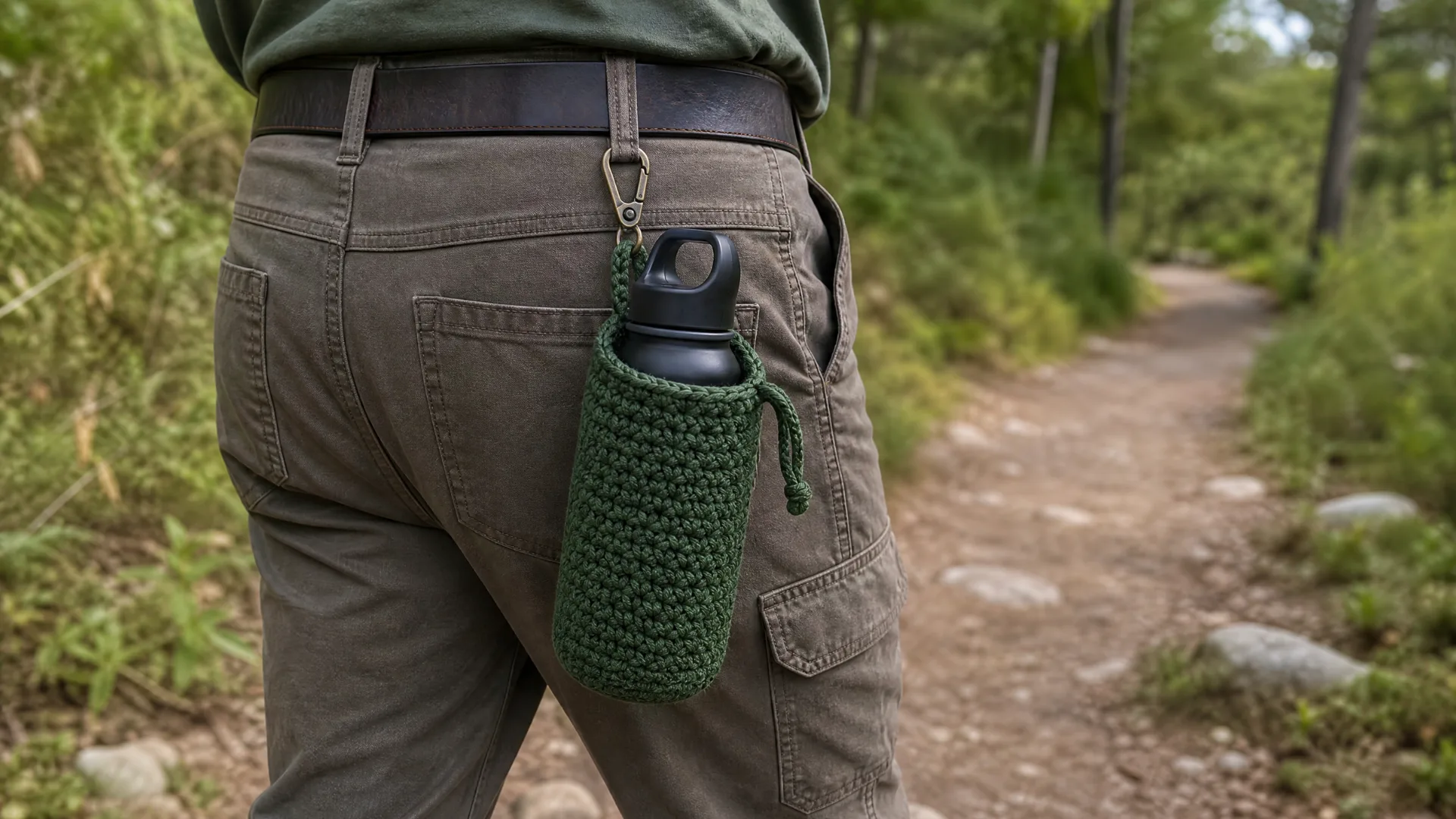Dark green <echighlighted><echighlighted>crochet water bottle holder</echighlighted></echighlighted> with belt clip attached to hiking pants on a woodland trail