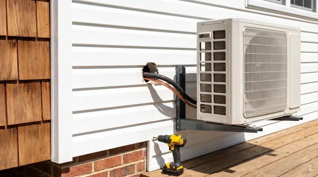 Outdoor air conditioning unit installation with copper pipes on white siding and a yellow drill nearby