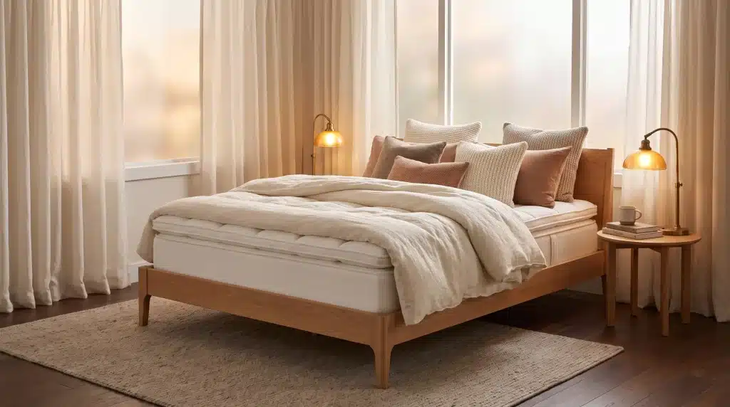 Cozy bedroom with wooden bed, neutral bedding, and soft lighting from table lamps