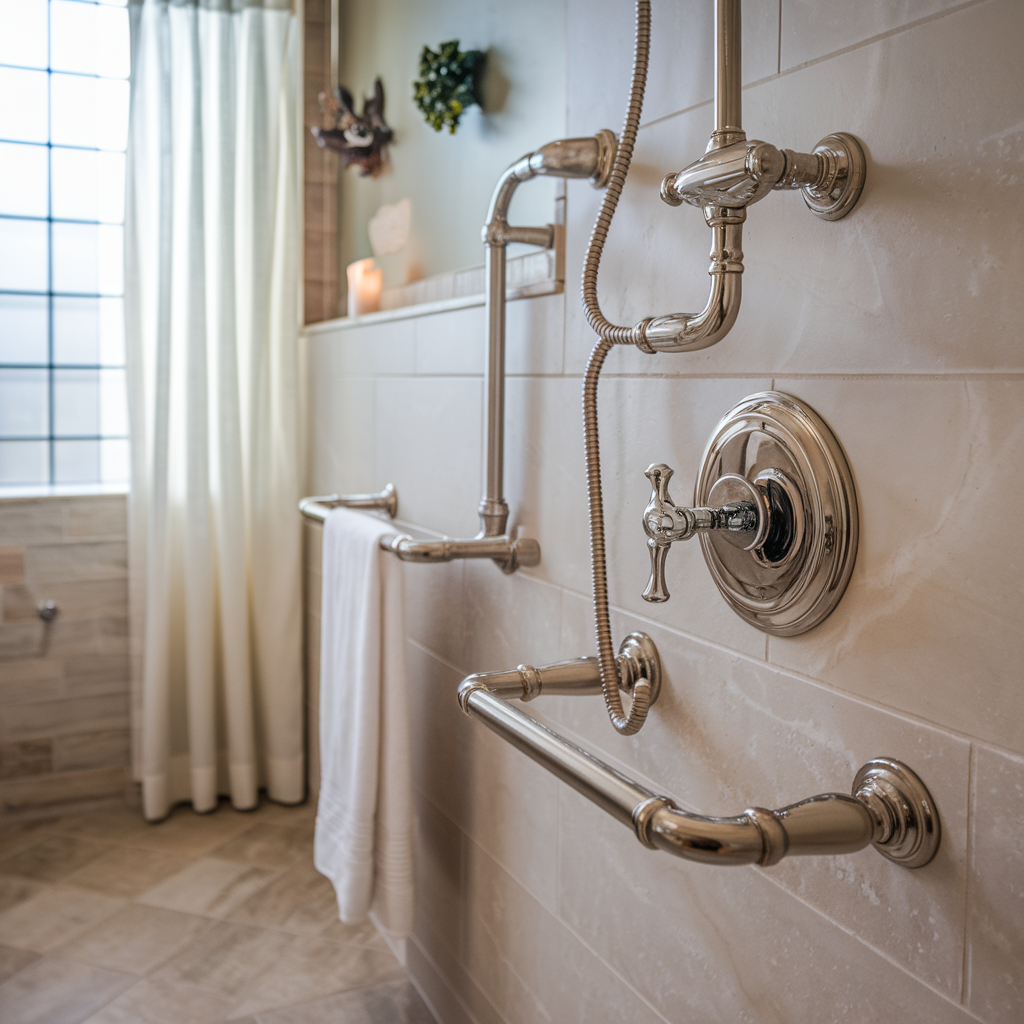 Bathroom with satin nickel shower fixtures, towel bars, and controls showing a soft silver finish against warm beige tile.