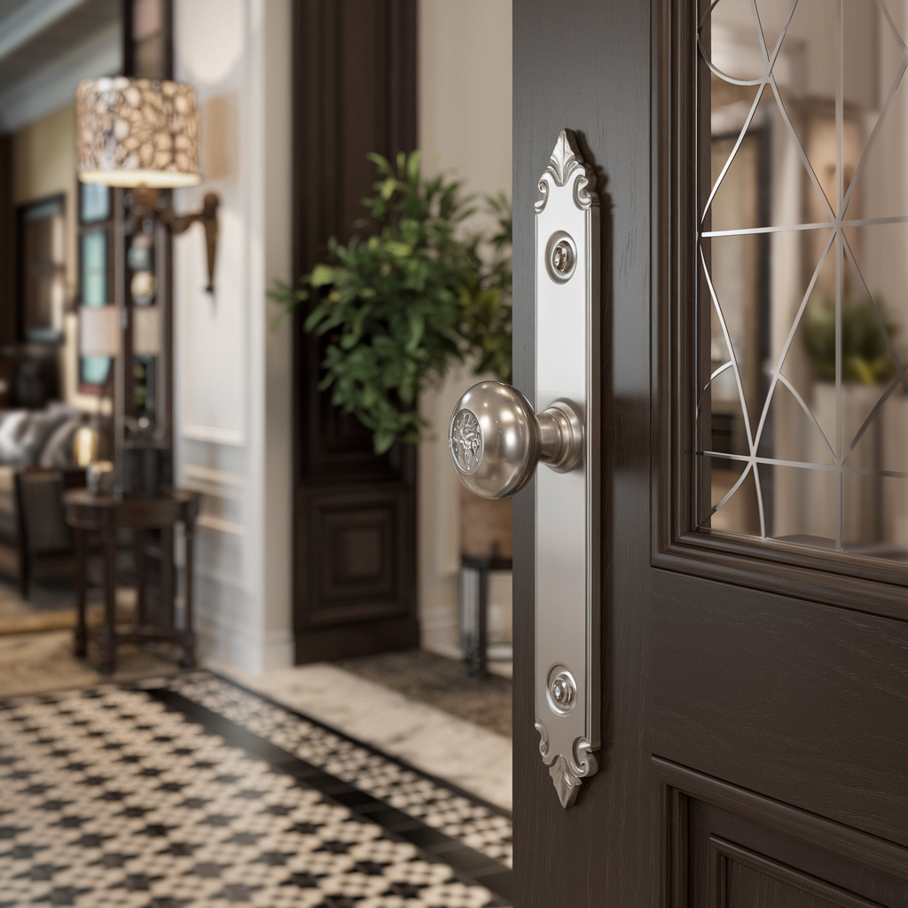 Entry door with satin nickel knob and decorative backplate, showing a soft silver finish against dark wood and patterned flooring.