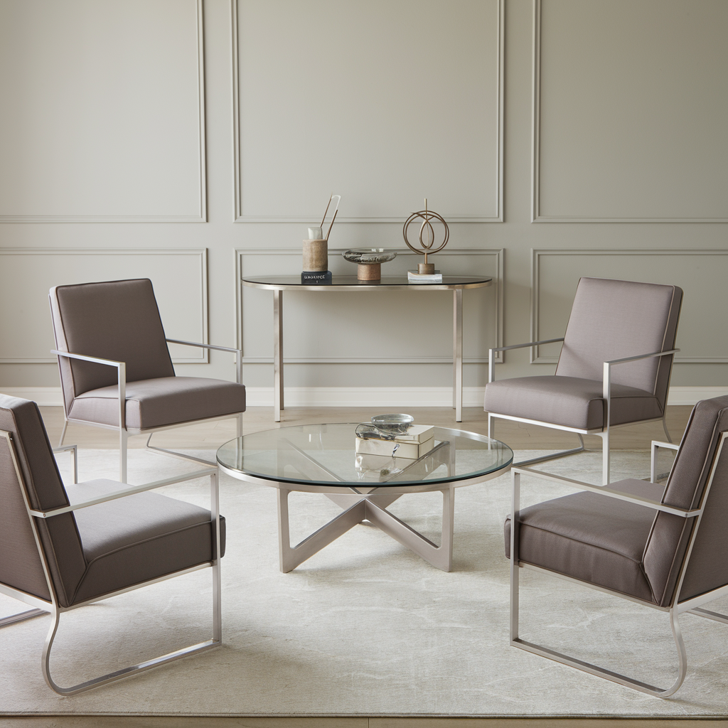 Living room with satin nickel furniture frames and table base, showing a soft silver finish paired with neutral gray and beige tones.