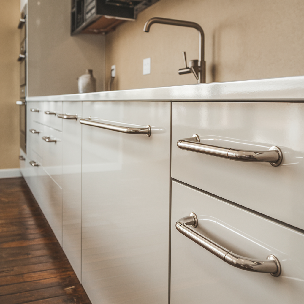 Modern kitchen with satin nickel cabinet pulls and faucet, showing a soft warm silver finish against white cabinets and wood flooring.